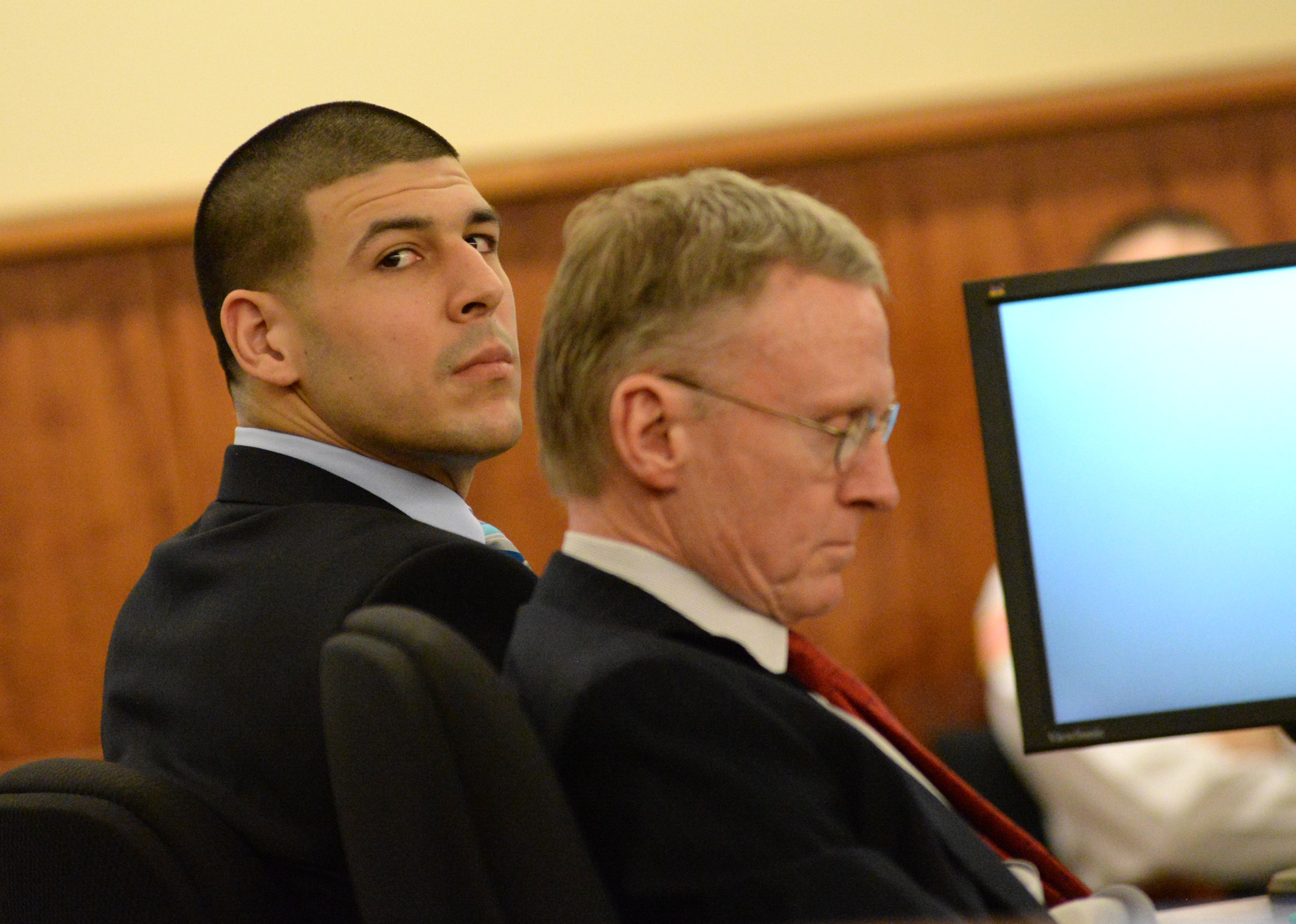 Aaron Hernandez during the fifth day of his trial at Bristol County Superior Court House in Fall River, Massachusetts, on February 5, 2015. | Source: Getty Images
