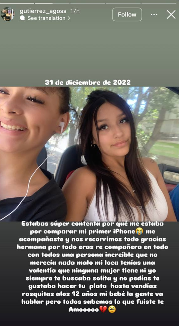 Message shared by a family member on social media about Lara Gutierrez, one of the murdered girls | Source: Instagram Stories/gutierrez_agoss
