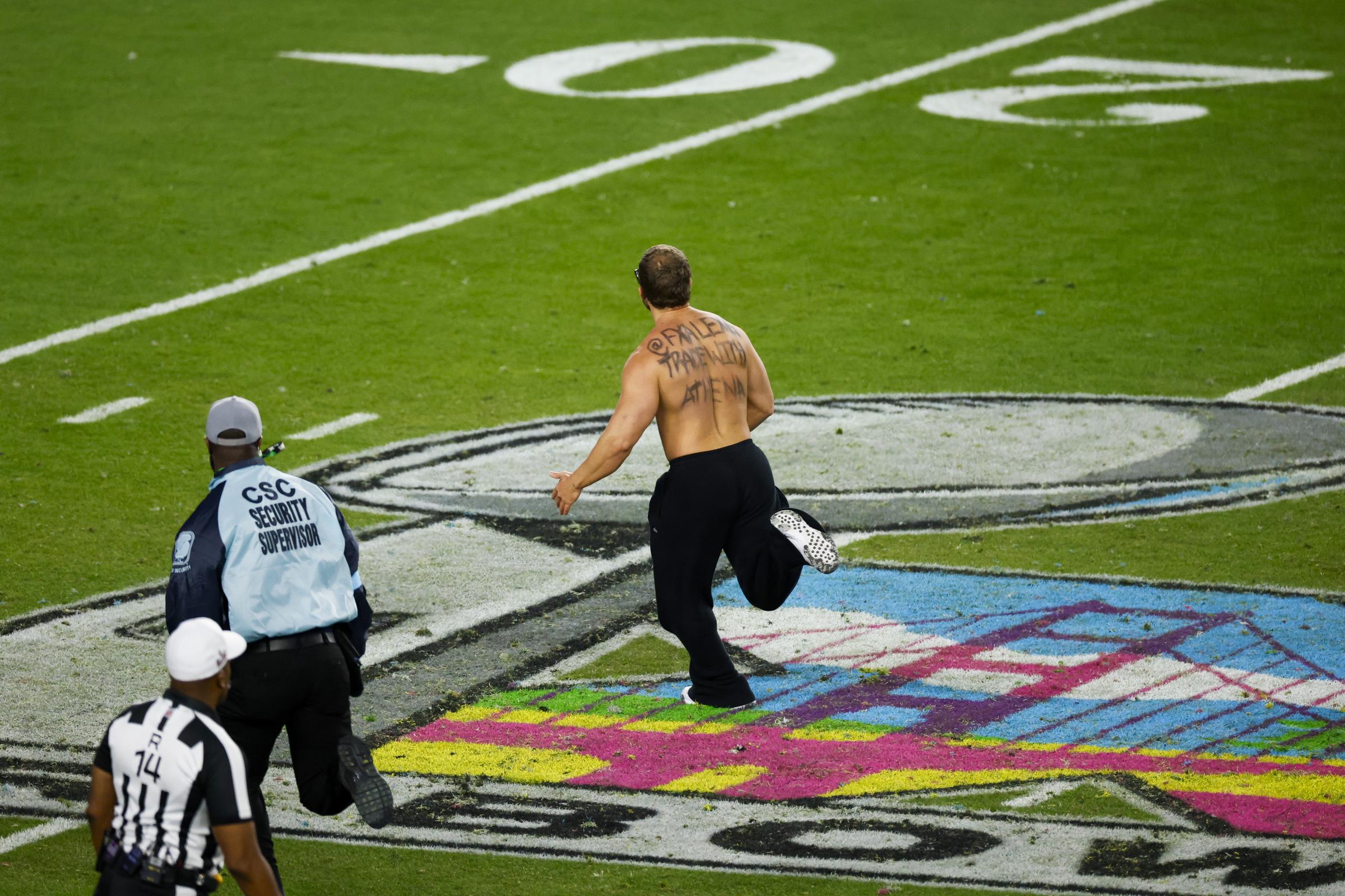 A streaker runs onto the field during the fourth quarter of Super Bowl LX at Levi's Stadium on February 8, 2026, in Santa Clara, California | Source: Getty Images