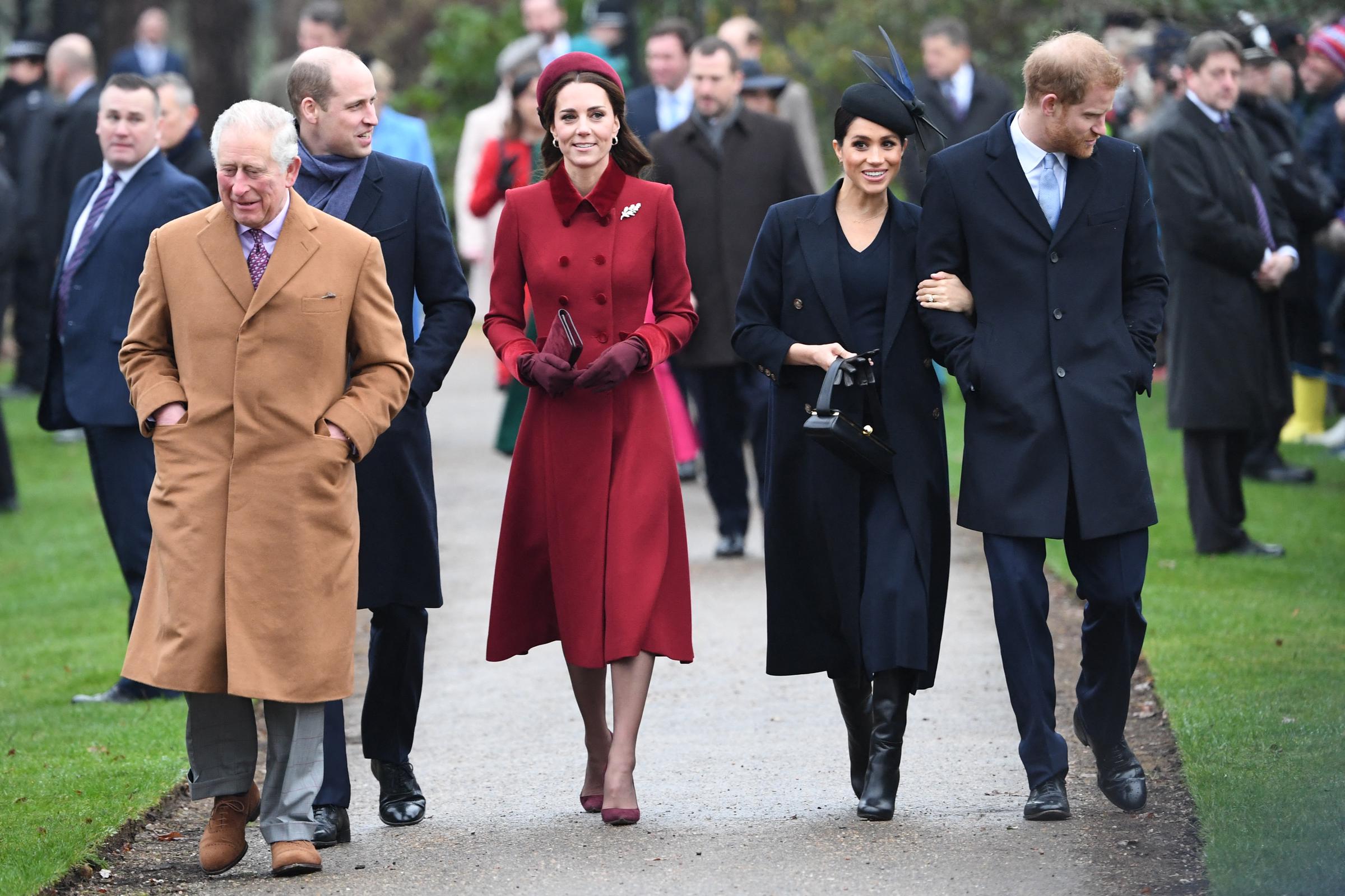King Charles III, Prince William, Princess Catherine, Meghan Markle and Prince Harry walked together to the royal family's Christmas Day service at Sandringham in 2018. The family scene predates Harry and Meghan's departure as working royals and the later estrangement that has left Harry in contact with Charles but not William. | Source: Getty Images