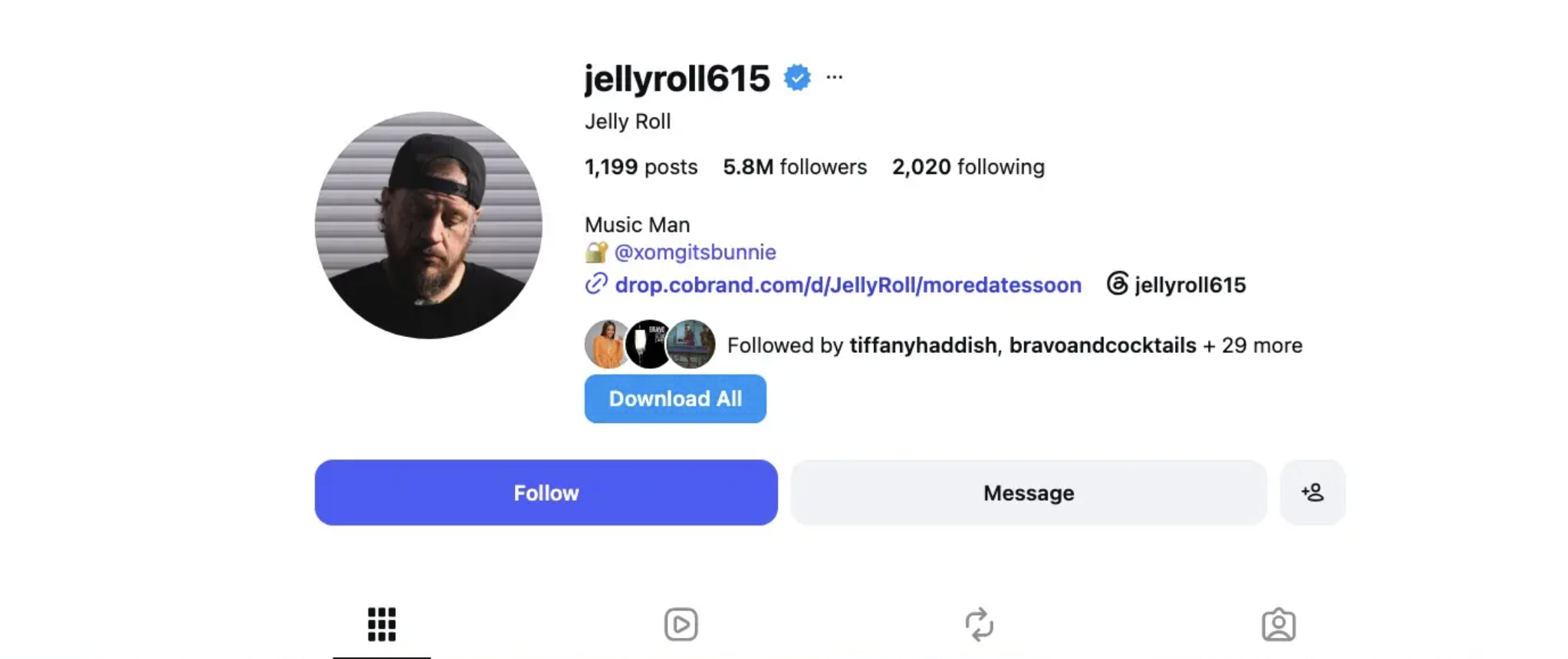 A reference to Bunnie Xo was still visible on Jelly Roll's Instagram profile before news of the divorce emerged. The tag appeared directly beneath his "Music Man" bio, linking the singer's account to his wife of nearly 10 years. | Source: Instagram/jellyroll615