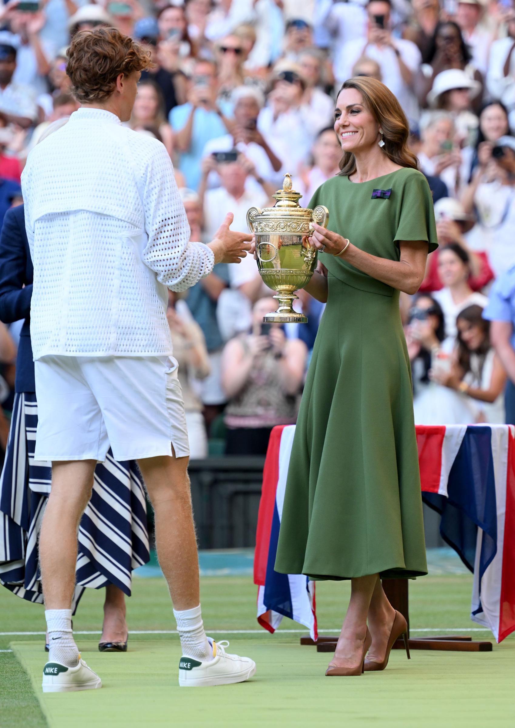 Of course, Catherine, Princess of Wales, had to give Jannik Sinner the trophy again this year at the Wimbledon Tennis Championships at the All England Lawn Tennis and Croquet Club on July 12, 2026, in London, England. | Source: Getty Images