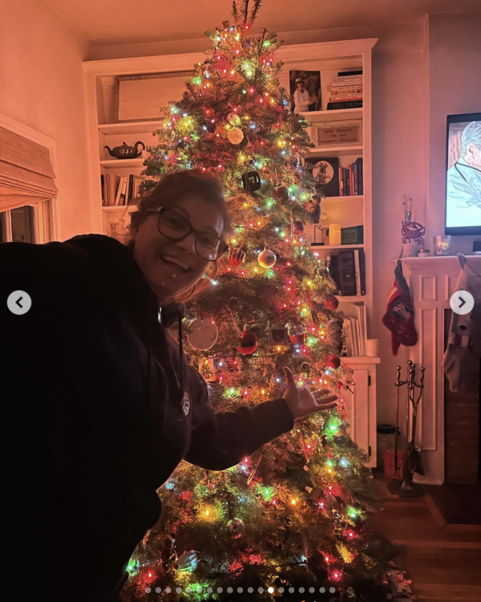 The living room was decorated for Christmas with a tall tree covered in colorful lights and ornaments beside the fireplace and built-in bookshelves. | Source: Instagram/ Mabel Lowe