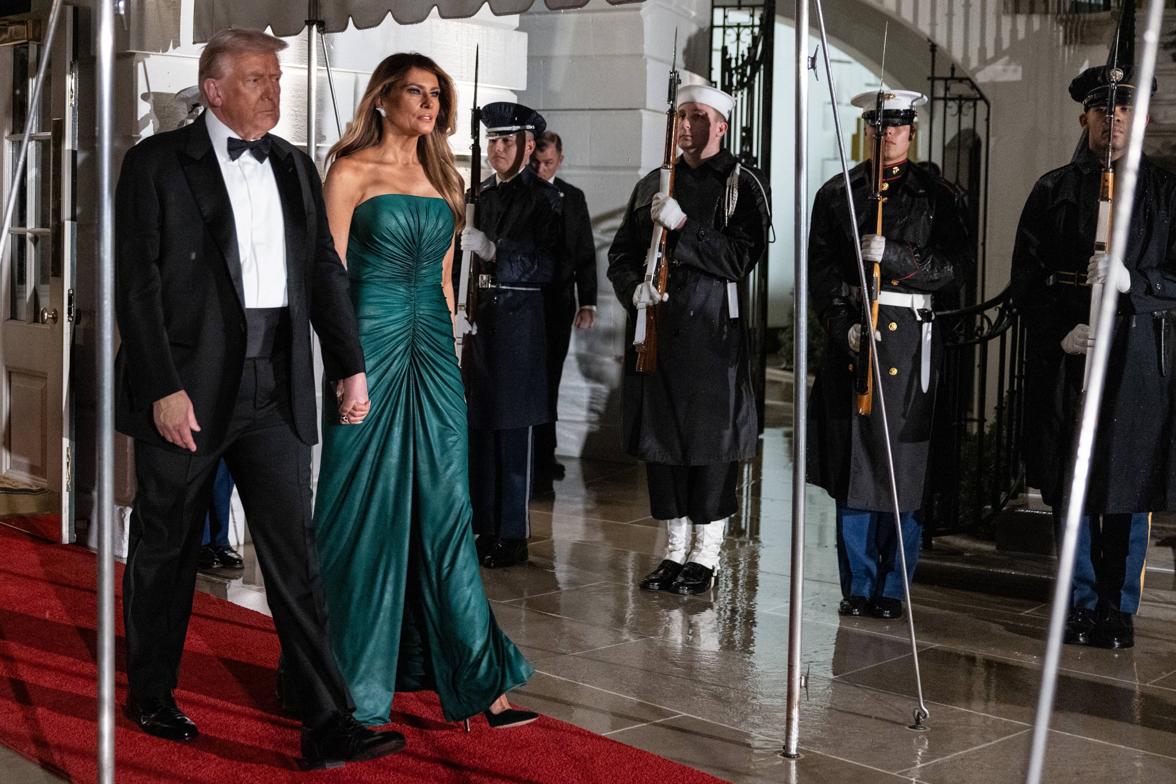 US President Donald Trump and First Lady Melania Trump arrive to greet Mohammed bin Salman, Saudi Arabia's crown prince, during a ceremony at the South Portico of the White House on November 18, 2025, in Washington, DC | Source: Getty Images