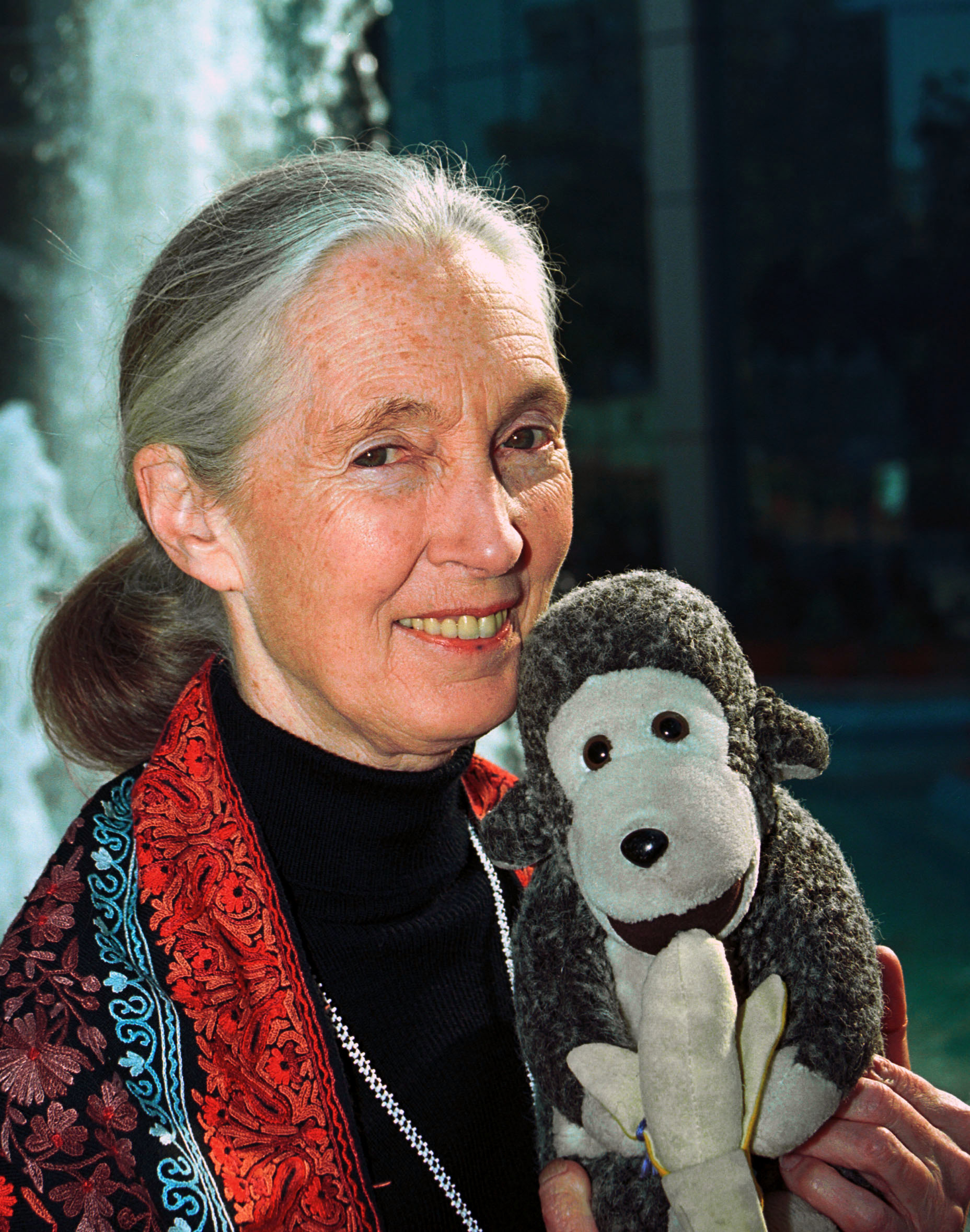Dr. Jane Goodall visiting India with Mr. H in 2003. | Source: Getty Images