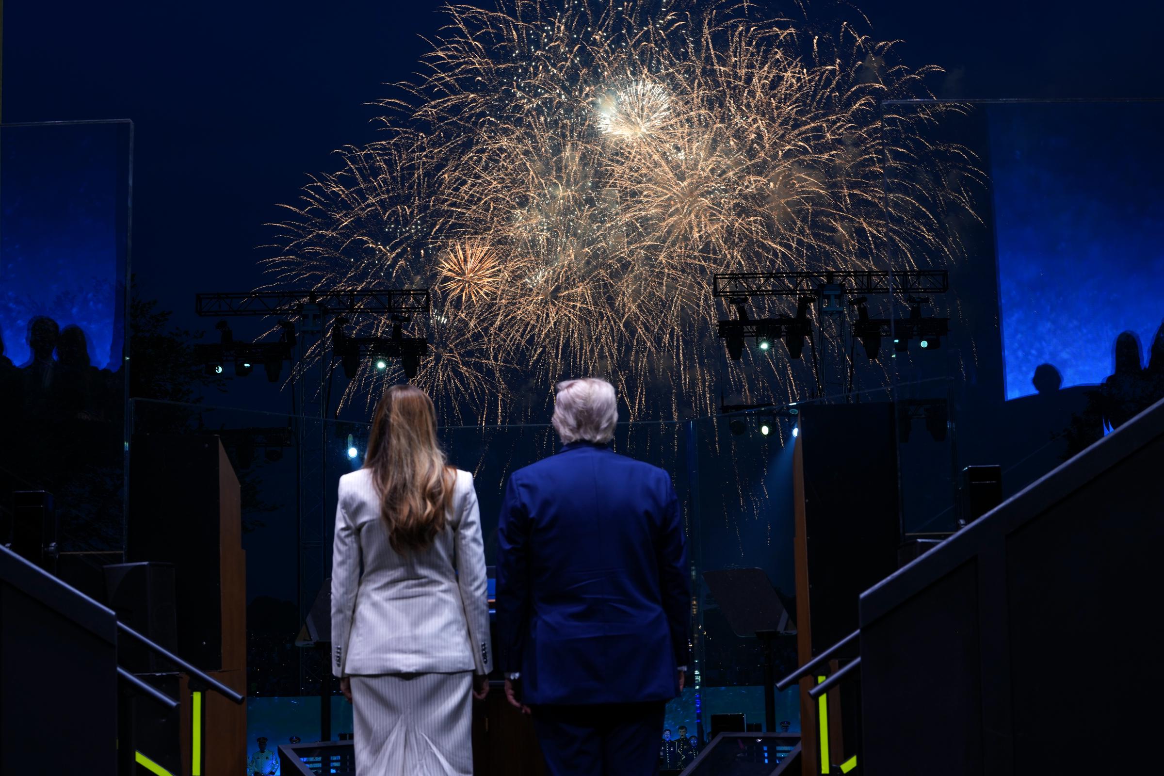 President Donald Trump and First Lady Melania watch fireworks during the celebration of the Army's 250th birthday on the National Mall on June 14, 2025 | Source: Getty Images