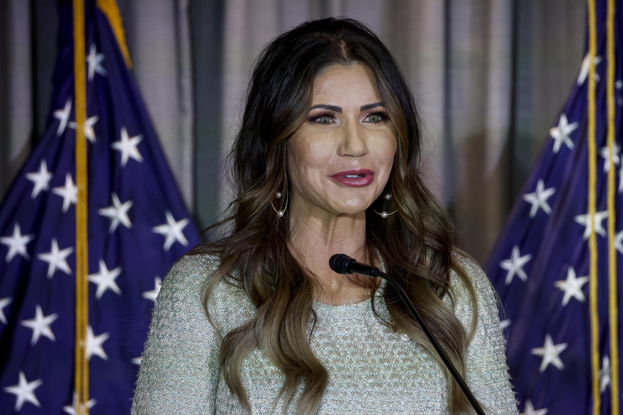 Kristi Noem speaks at the Calvin Coolidge Foundation conference at the Library of Congress on February 17, 2023, in Washington, D.C. | Source: Getty Images