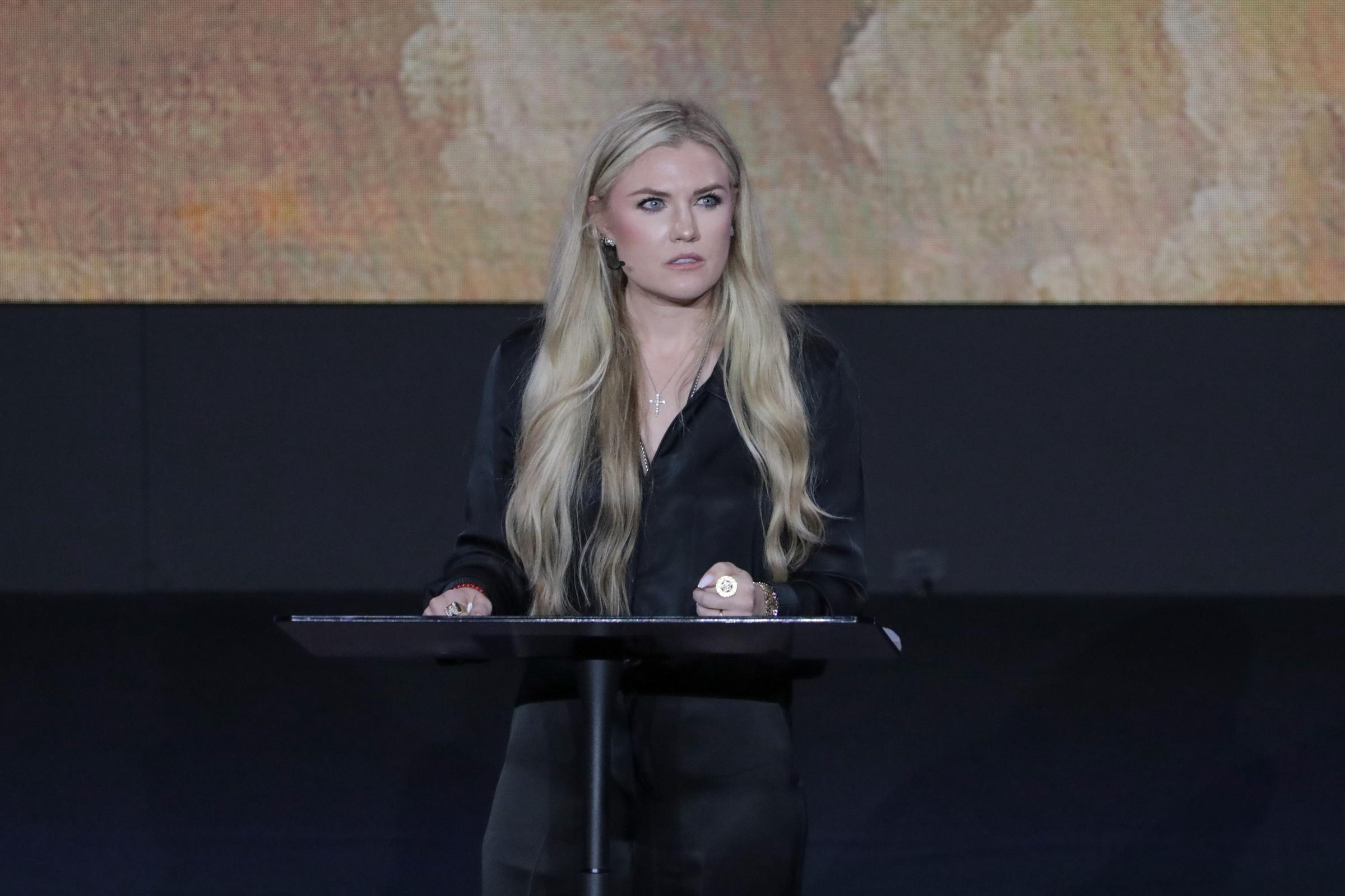 Erika Kirk speaks to attendees at the 'Make Heaven Crowded Tour' on January 21, 2026, in Riverside, California | Source: Getty Images
