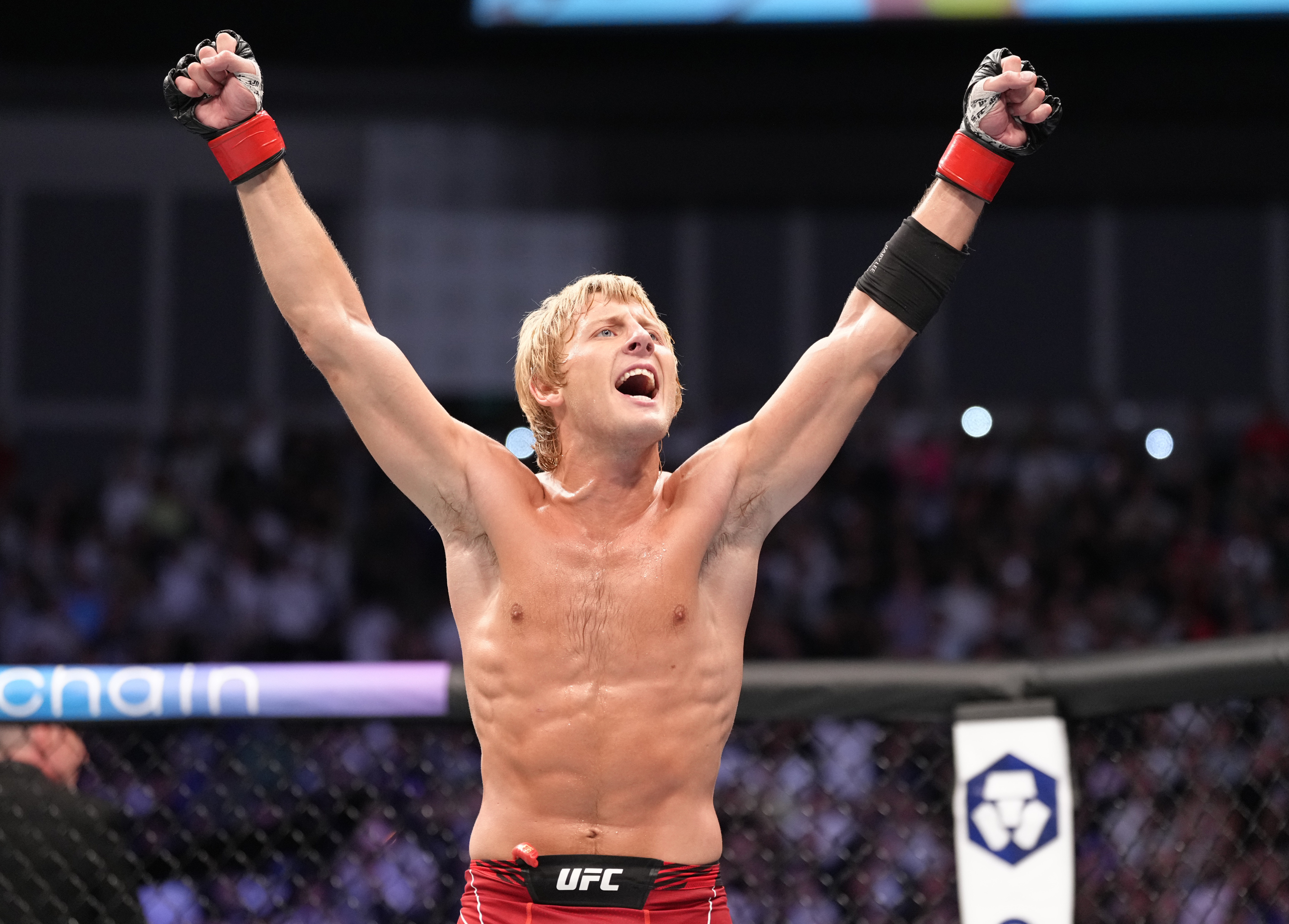 Pimblett raised both arms after securing the win, completing a successful night in London before his attention shifted away from competition. With no immediate fight ahead, the strict preparation required to reach lightweight ended, and within roughly three weeks he said his weight had climbed to about 200 pounds - approximately 45 pounds above what he had weighed before facing Leavitt.