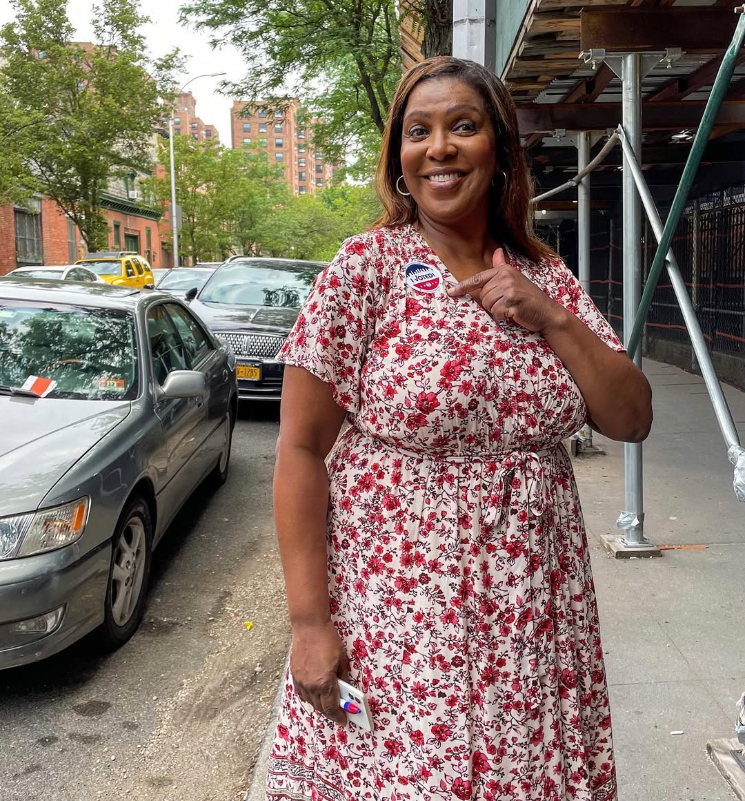 Leticia James points to her "I voted" sticker in Brooklyn, New York, from a post dated June 22, 2021. | Source: Instagram/newyorkstateag