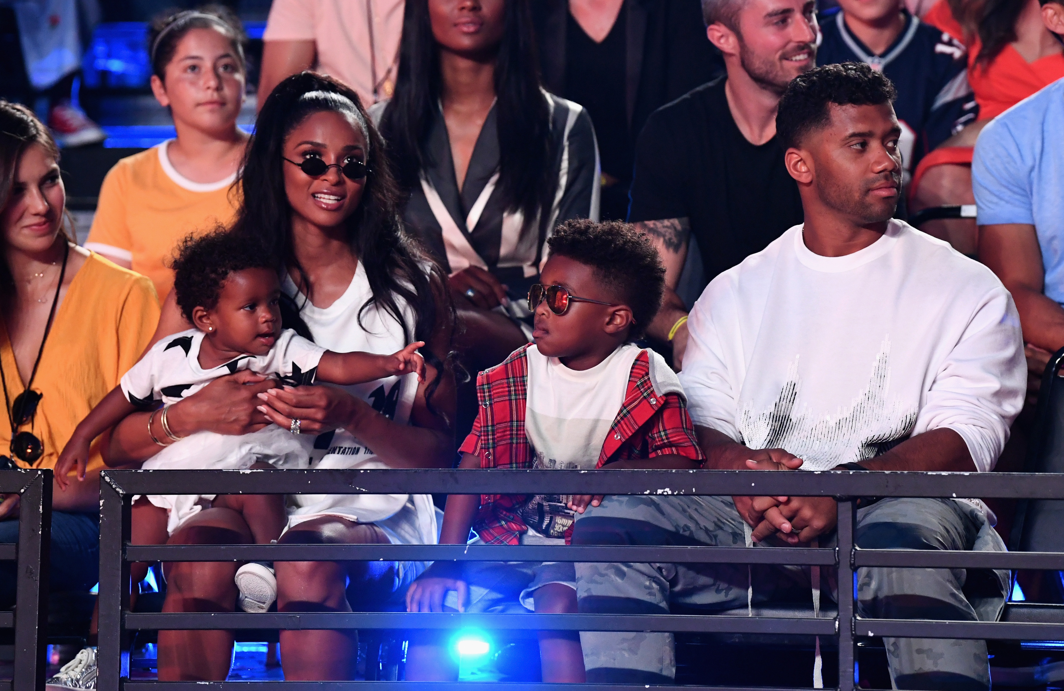 Ciara, 32, Sienna Princess Wilson, 1, Future Zahir Wilburn, 4, and Russell Wilson, 29, attend the Nickelodeon Kids' Choice Sports at Barker Hangar on July 19, 2018, in Santa Monica, California.