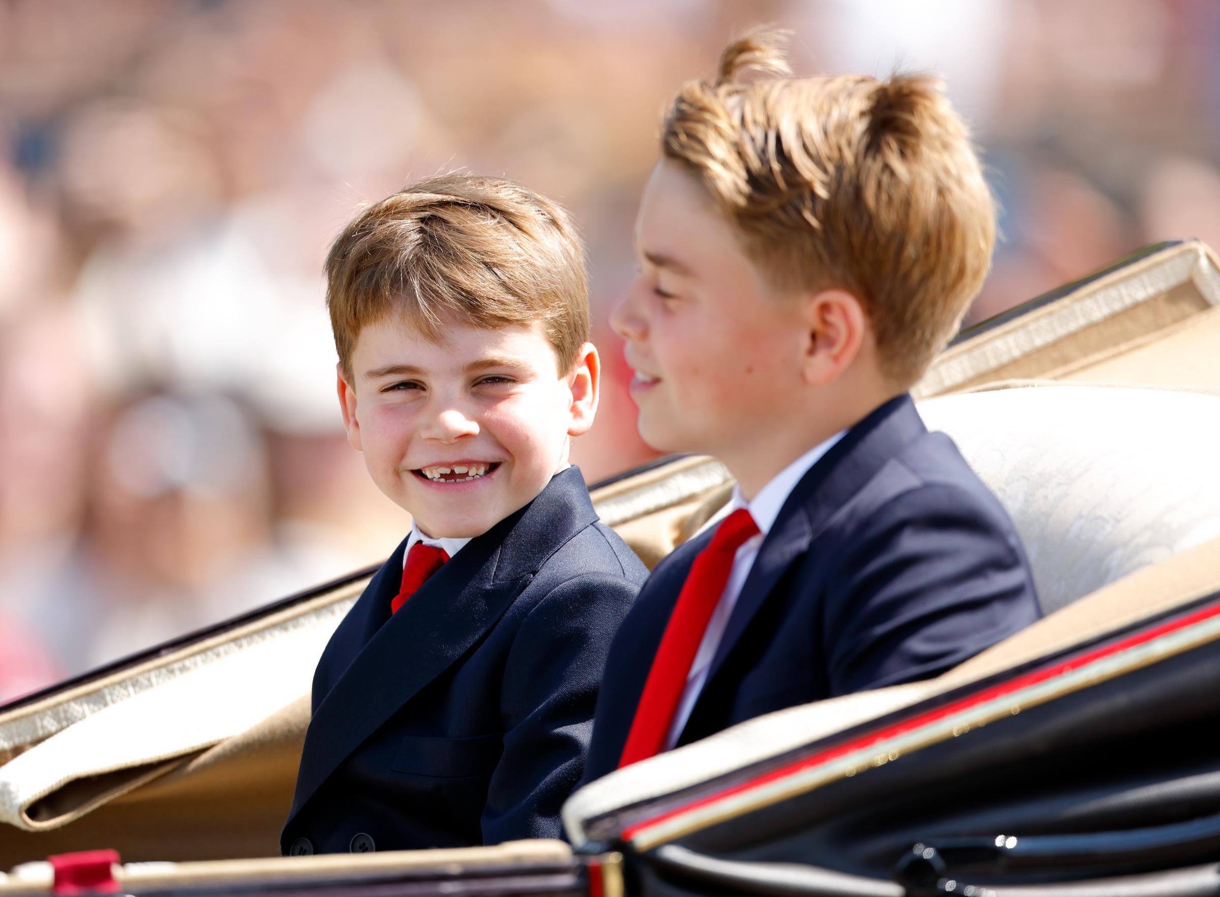 Prince Louis and his brother, Prince George, depart Buckingham Palace in a horse-drawn carriage during 2025 Trooping The Colour in London, England on June 14, 2025 | Source: Getty Images