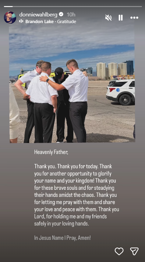 Donnie Wahlberg appears alongside three men believed to be members of the flight crew in an Instagram Story shared after the runway incident. The group stands close together on the airport grounds, while Wahlberg's accompanying prayer expresses gratitude for their efforts and the safety of those aboard. | Source: Instagram/donniewahlberg