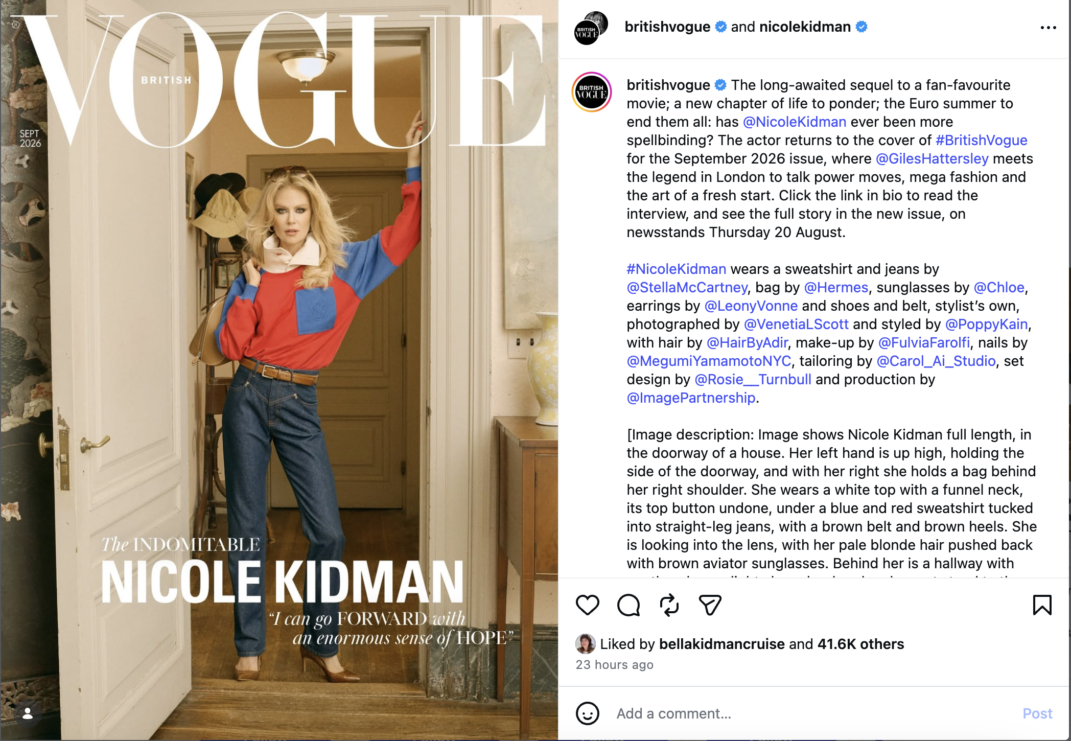 A screenshot of British Vogue’s Instagram post promoting Nicole Kidman’s September 2026 cover shows the account @bellakidmancruise among those who liked the post, offering a quiet show of support from Kidman’s estranged daughter, Isabella, as her mother begins a new chapter. | Source: Instagram/britishvogue