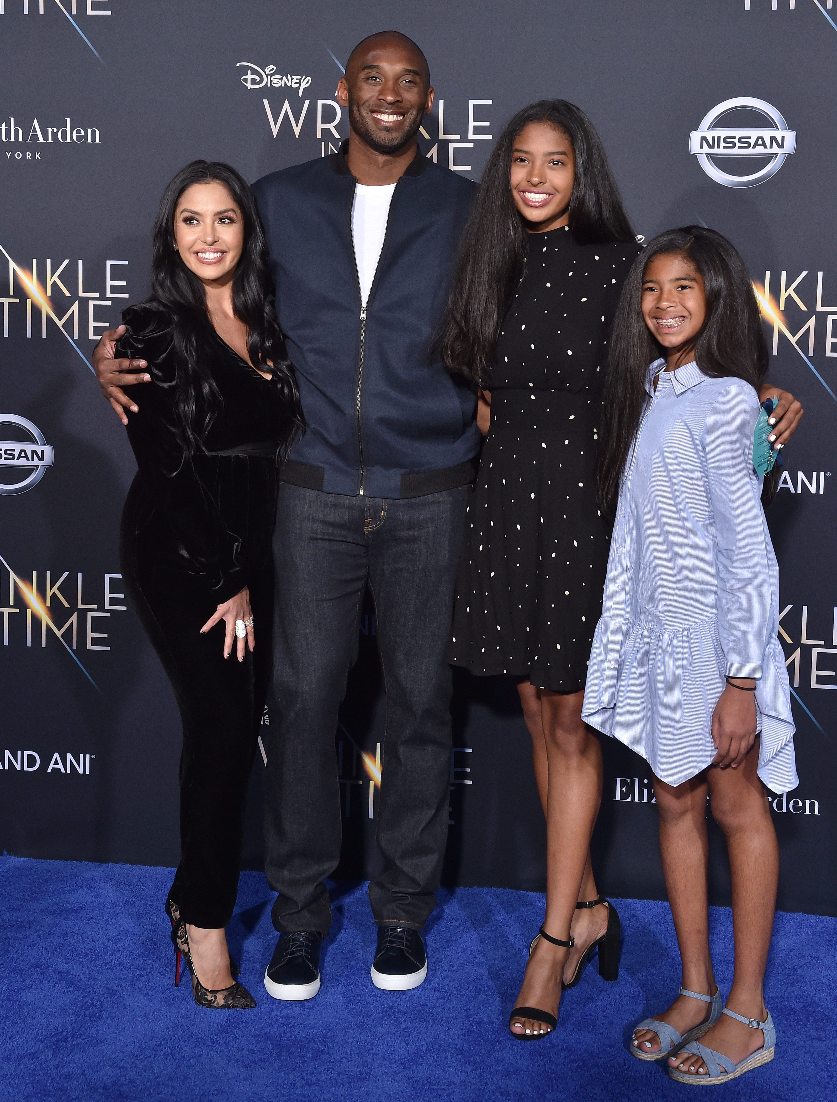 Vanessa Laine Bryant and Kobe Bryant arrive with daughters Natalia Diamante Bryant and Gianna Maria-Onore Bryant at the premiere of Disney’s “A Wrinkle in Time,” where the family poses together against the event backdrop.