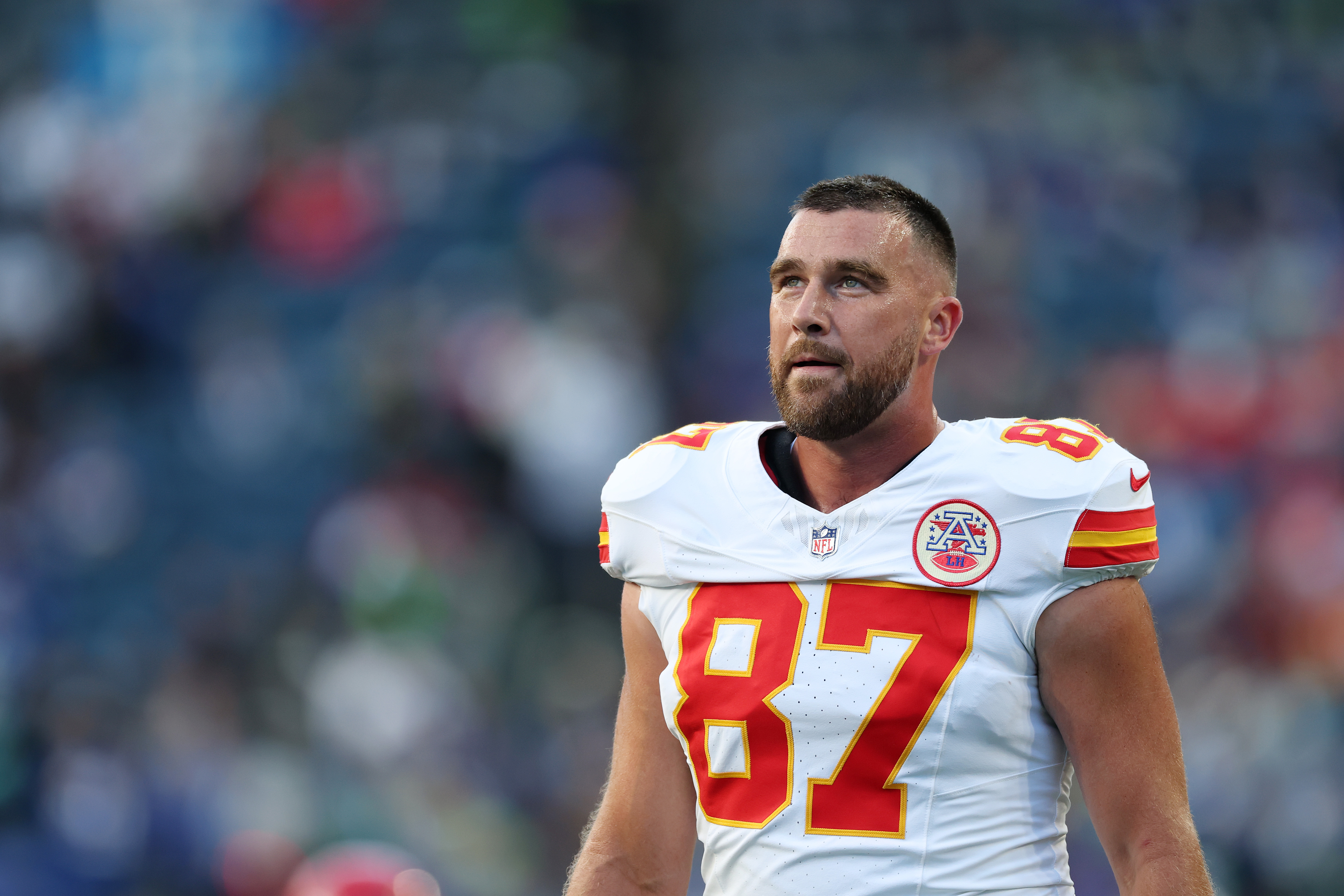 Travis Kelce takes the field in his Kansas City Chiefs uniform, showing off his game-day look as the NFL star adds another title to his list of fan-voted honors. | Source: Getty Images