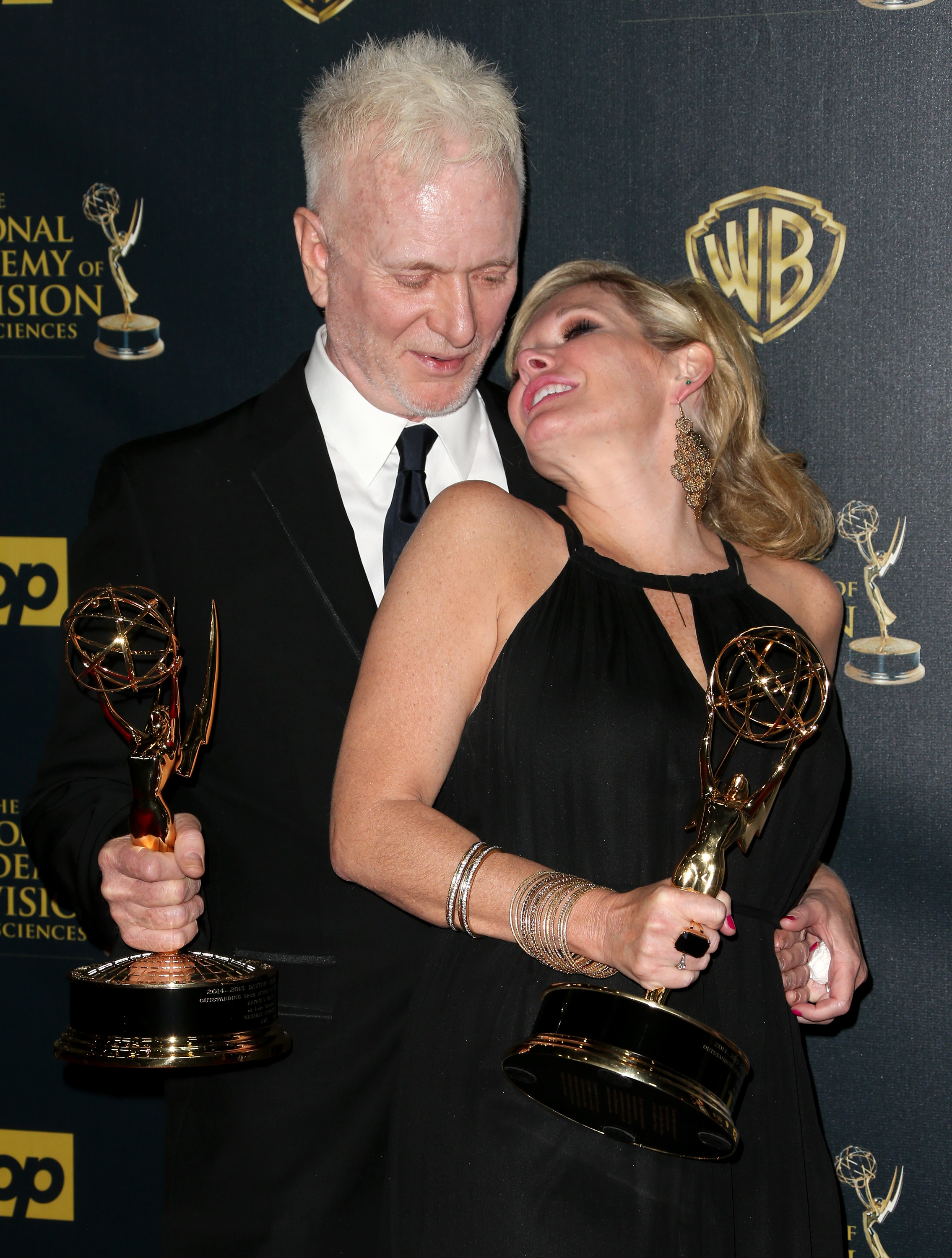 Anthony Geary and Maura West pose in the press room after winning Outstanding Lead Actor/Actress awards for "General Hospital" during The 42nd Annual Daytime Emmy Awards at Warner Bros. Studios on April 26, 2015, in Burbank, California | Source: Getty Images