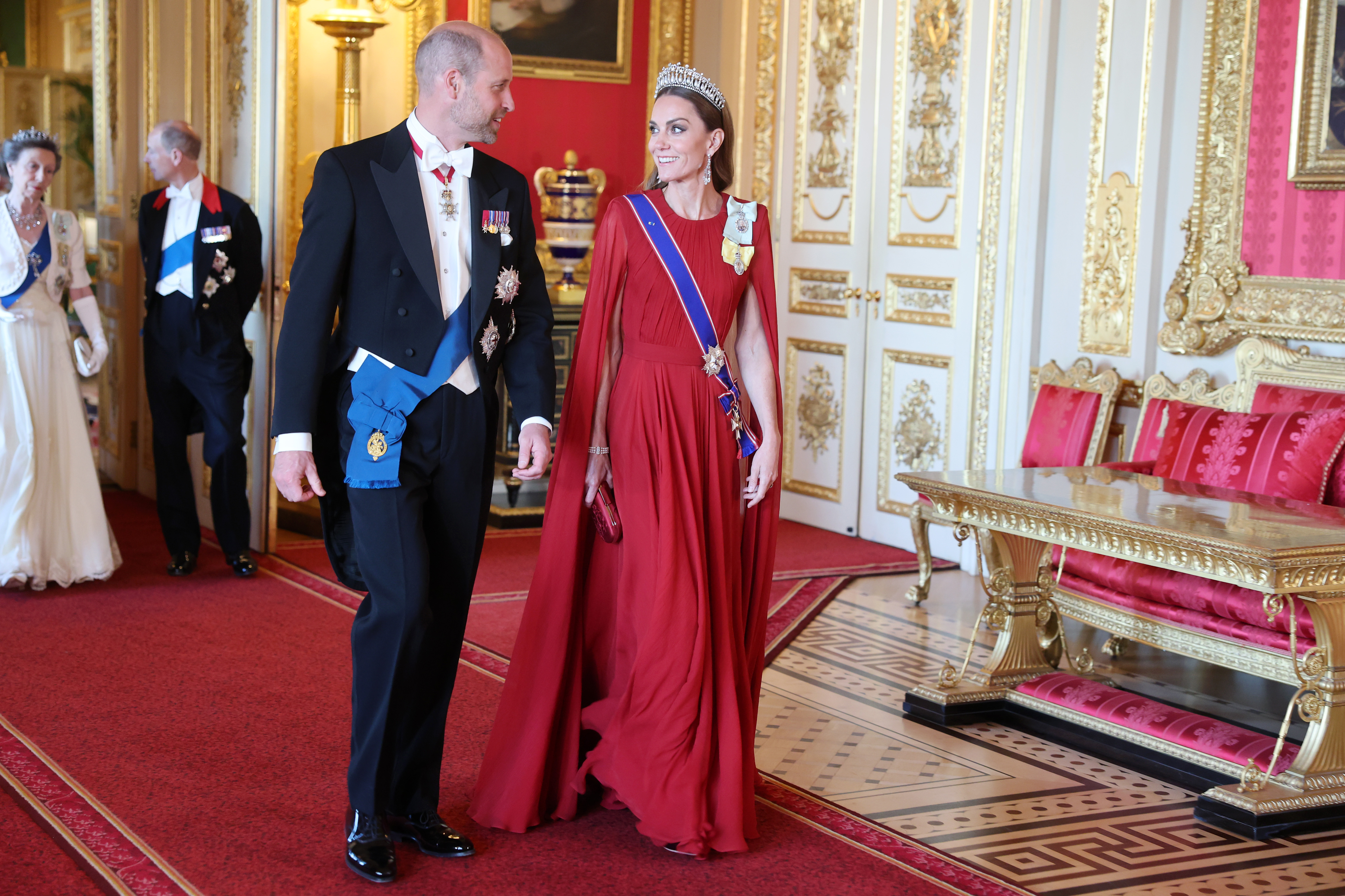 British royalties, Prince William, Prince of Wales and Princess Catherine, attend the state banquet at Windsor Castle.