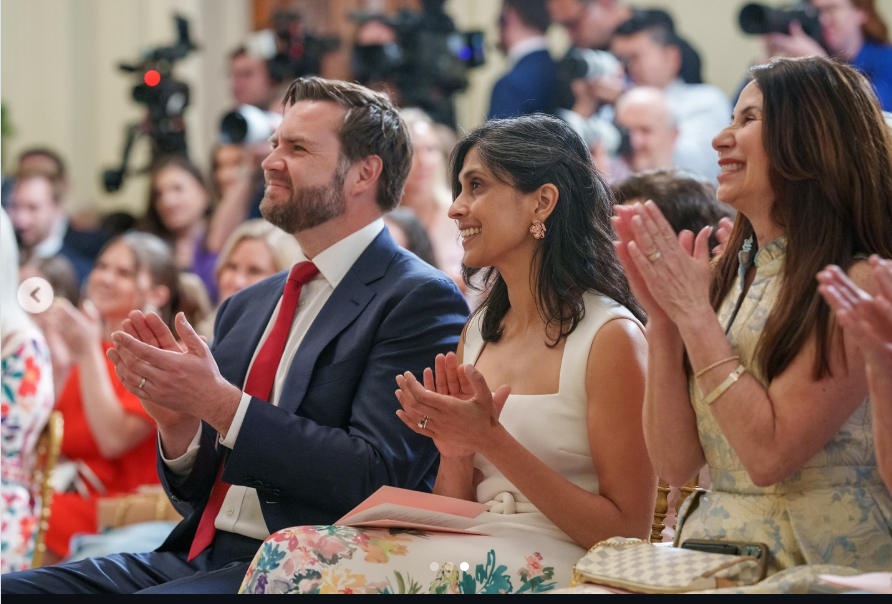 JD Vance and Usha are seated indoors at the Military Mothers’ Celebration at the White House. | Source: Instagram/vp