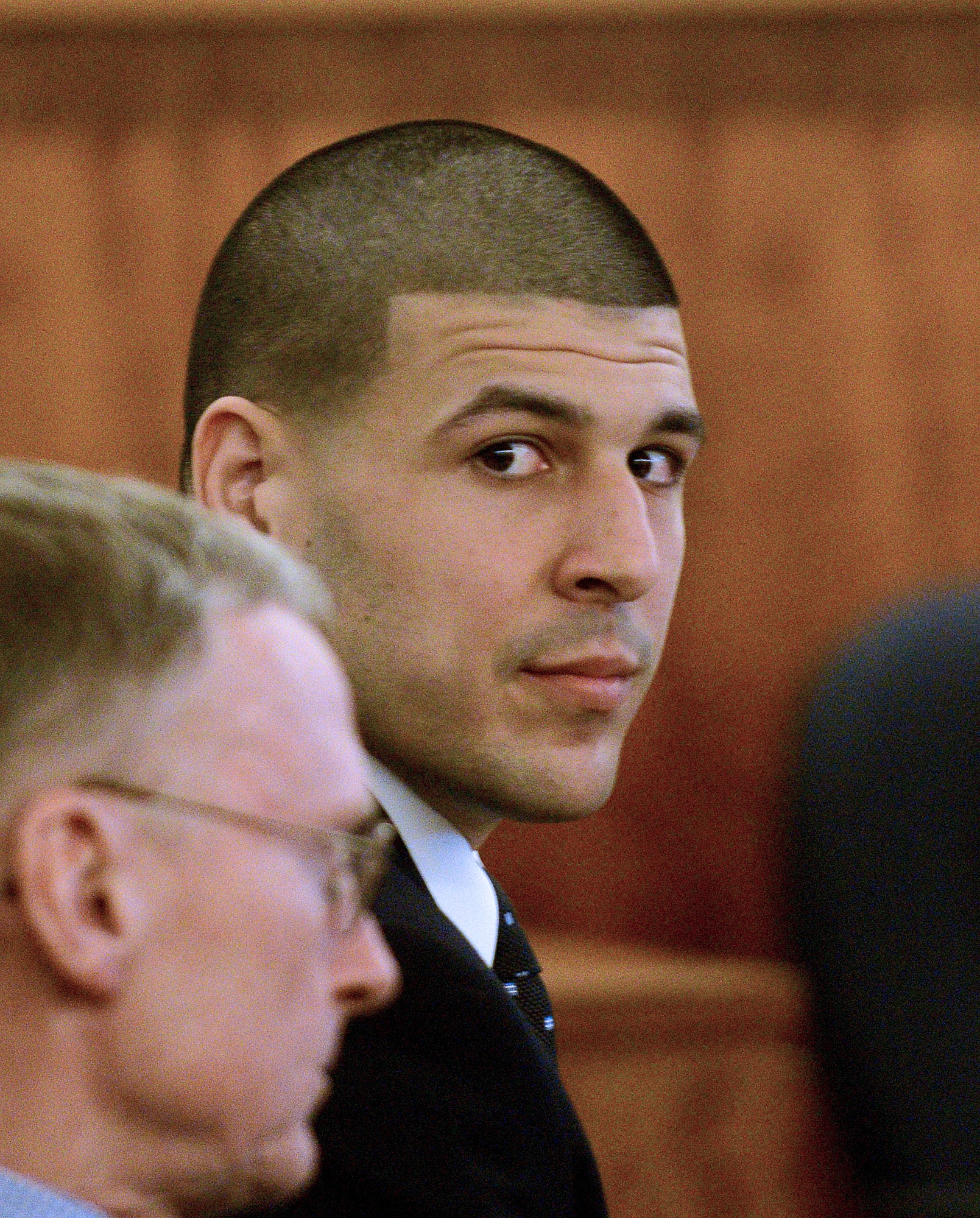 Aaron Hernandez during trial at Bristol County Superior Court House in Fall River, Massachusetts, on April 6, 2015. | Source: Getty Images