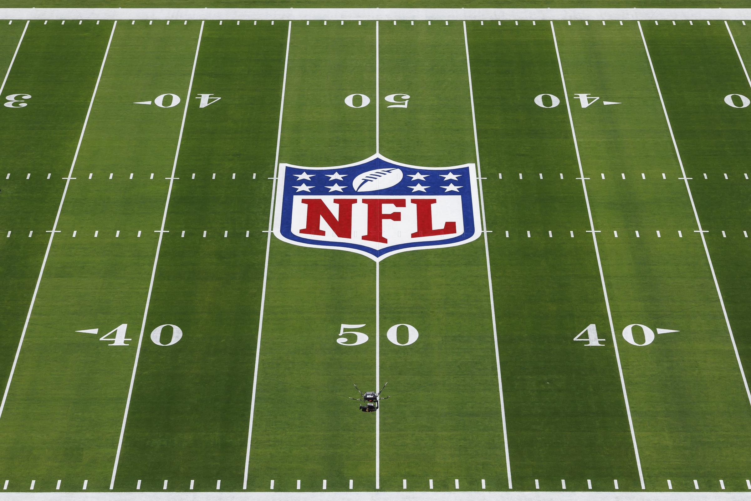 Close-up of the NFL shield logo on the field | Source: Getty Images