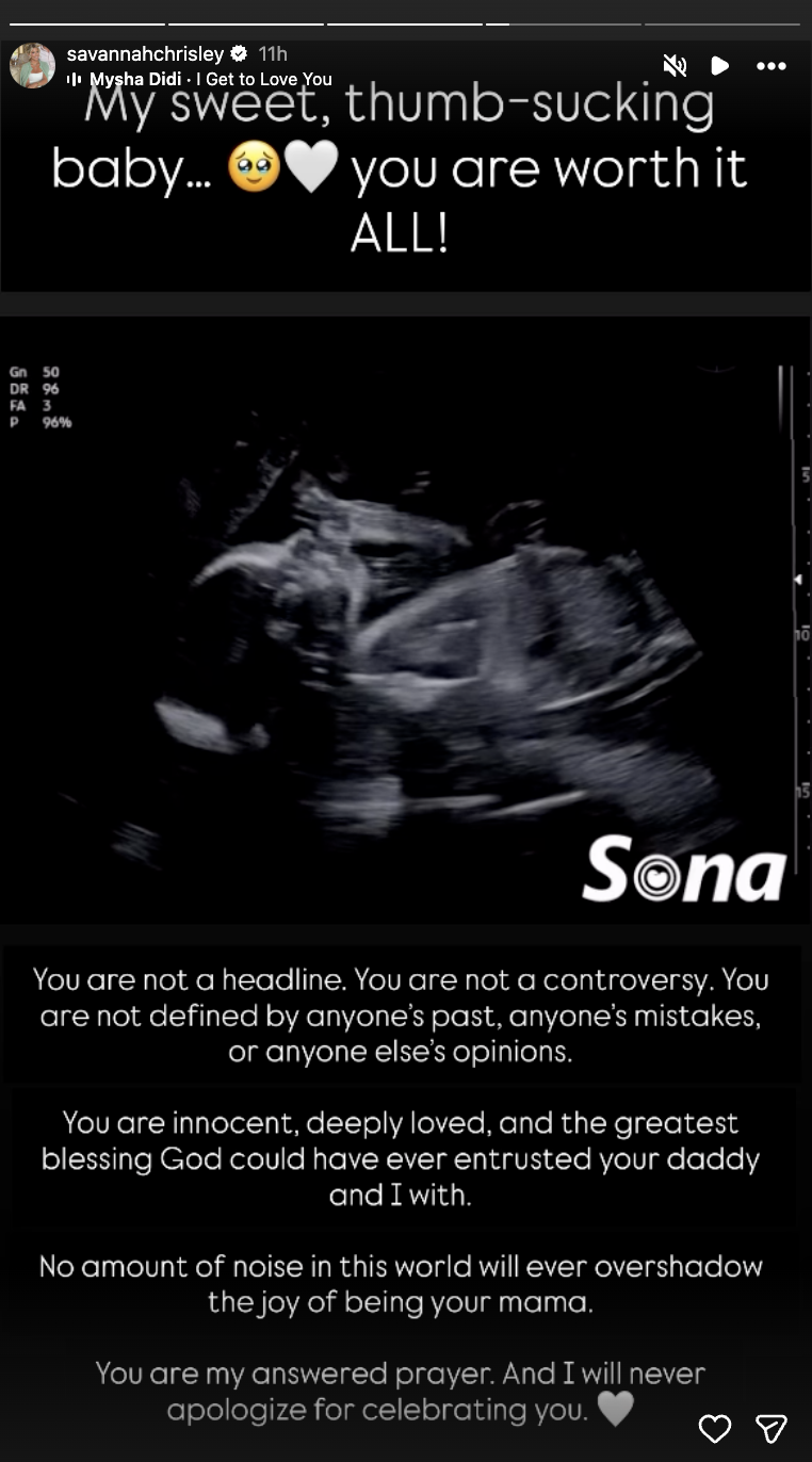 Savannah Chrisley shares a black-and-white sonogram image showing her baby sucking its thumb on October 27, 2026, accompanied by an emotional message declaring her child is not defined by controversy, headlines, or anyone's past. | Source: Instagram/savannahchrisley
