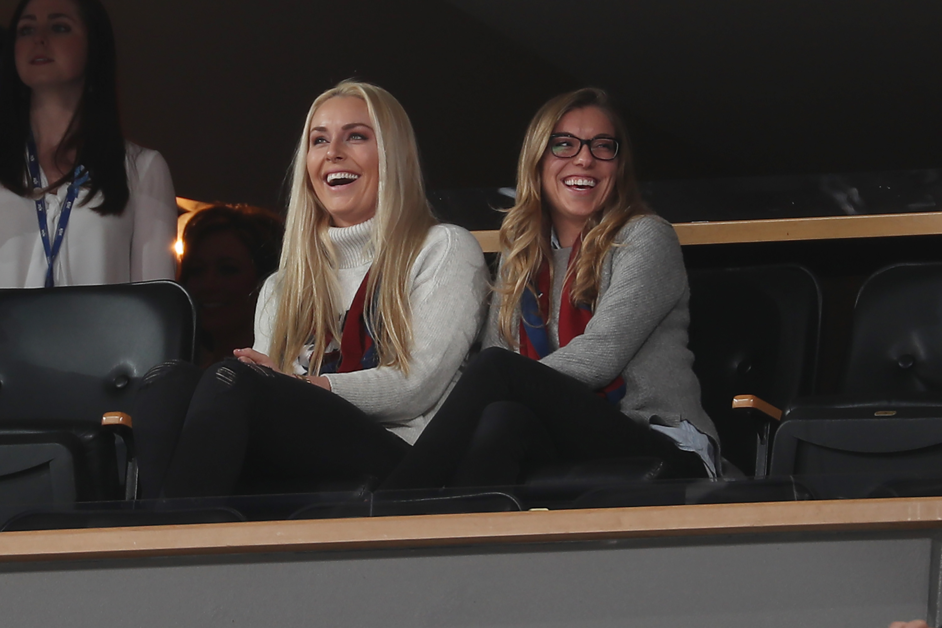 Lindsey Vonn and another athlete watch the game between the Colorado Avalanche and the Nashville Predators at the Pepsi Center on March 16, 2018 in Denver, Colorado | Source: Getty Images