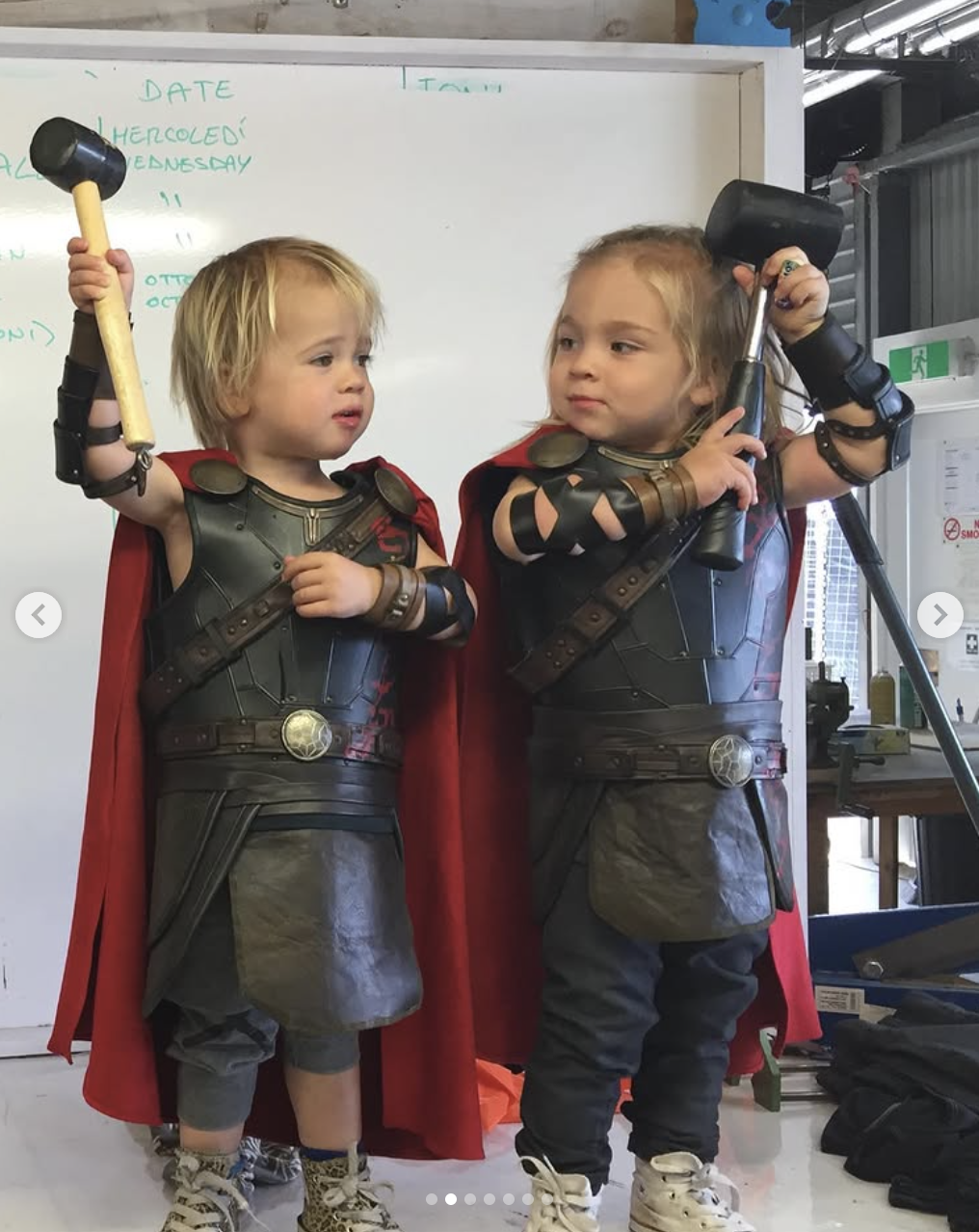Elsa Pataky shared this playful photo of her twin sons, Tristan and Sasha, on Instagram in March 2022 to celebrate their 8th birthday. Dressed in matching Thor costumes — complete with red capes, leather armor, and toy hammers — the boys stood side by side, striking heroic poses and channeling their father's iconic Marvel character.