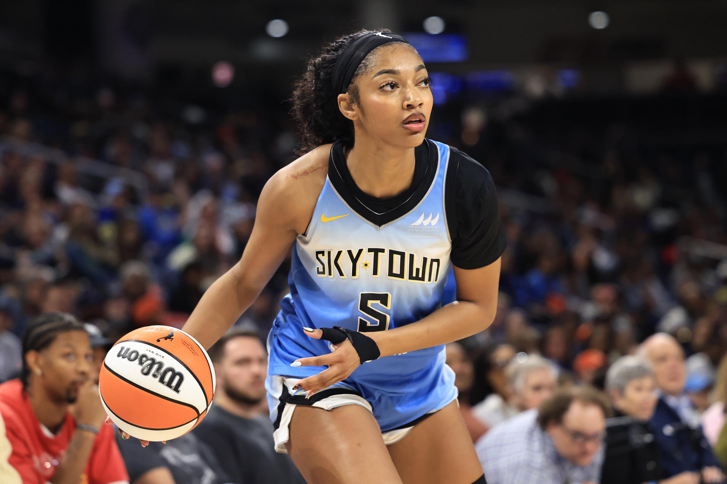 Angel Reese #5 of the Chicago Sky dribbles the ball against the Connecticut Sun at Wintrust Arena on September 3, 2025 in Chicago, Illinois | Source: Getty Images