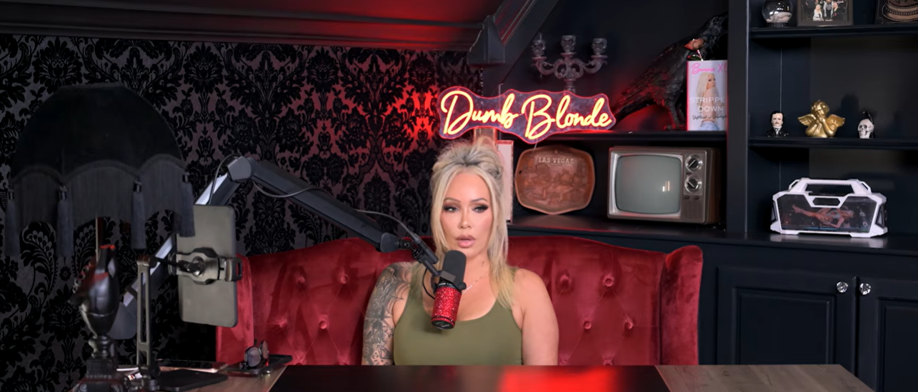 Bunnie XO records an episode of her "Dumb Blonde" podcast. During the episode, she confirmed that she and Jelly Roll are moving forward with a divorce after nearly a decade of marriage. | Source: YouTube/Dumb Blonde Podcast