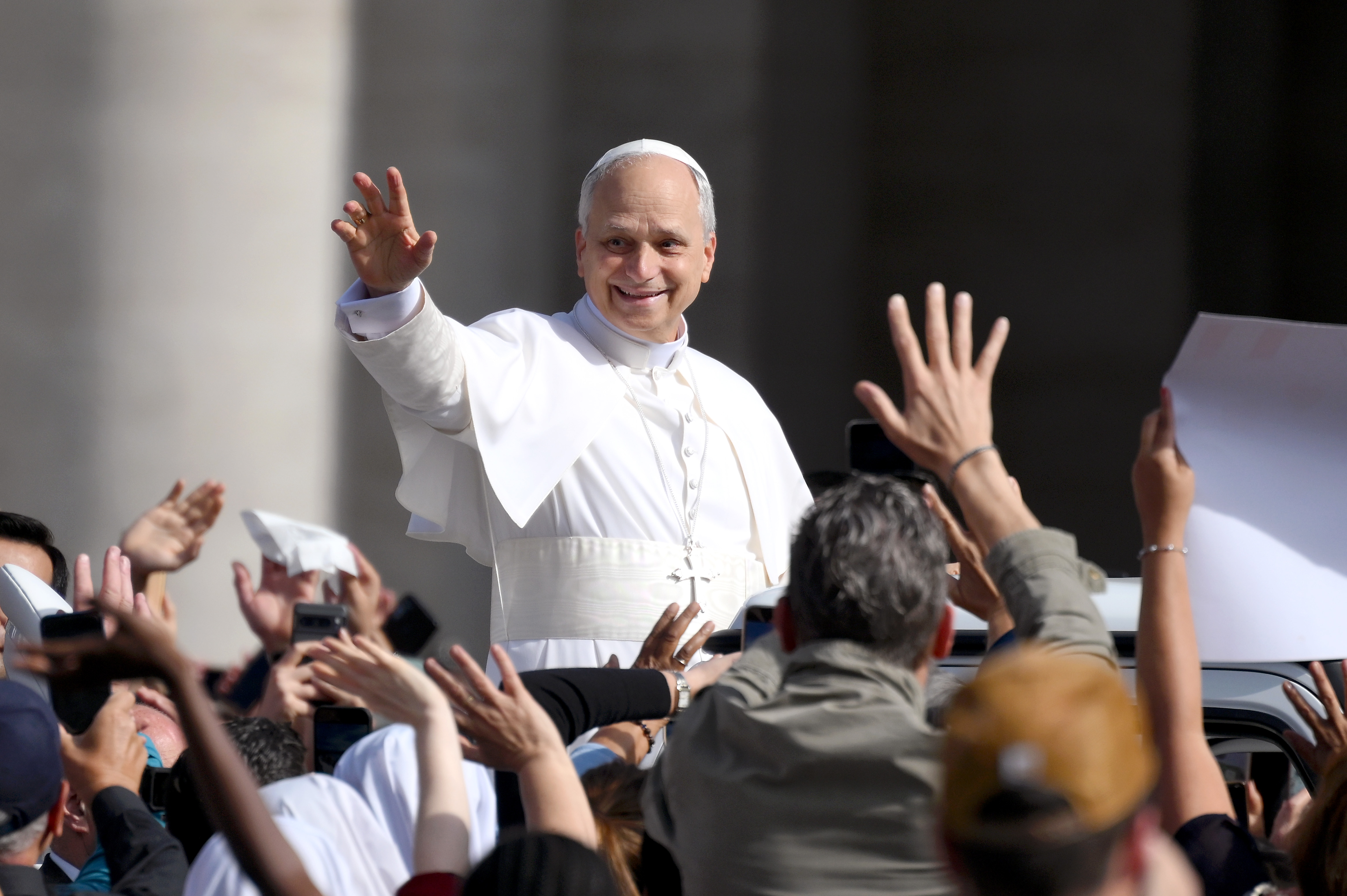 Pope Leo XIV waves as he arrives ahead of the Inauguration Mass of Pope Leo XIV in St Peter's Square on May 18, 2025 | Source: Getty Images