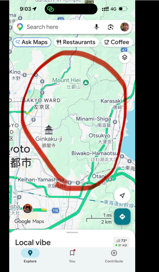A map shared by Nancy Higginbotham highlighting the mountainous region north and east of Kyoto where search efforts for her son, James "Weston" Higginbotham, were concentrated in early June 2026. | Source: Facebook/Nancy Higginbotham