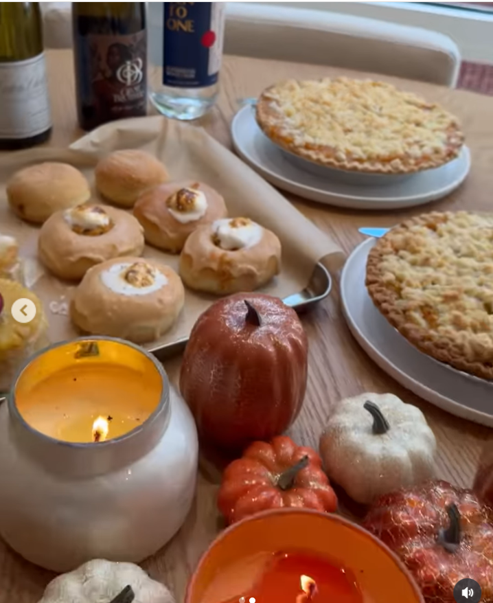 The table reveals crumb-topped pies, an array of wine, and other deserts, as seen from Ciara Wilson's post dated November 28, 2025. | Source: Instagram/ciara