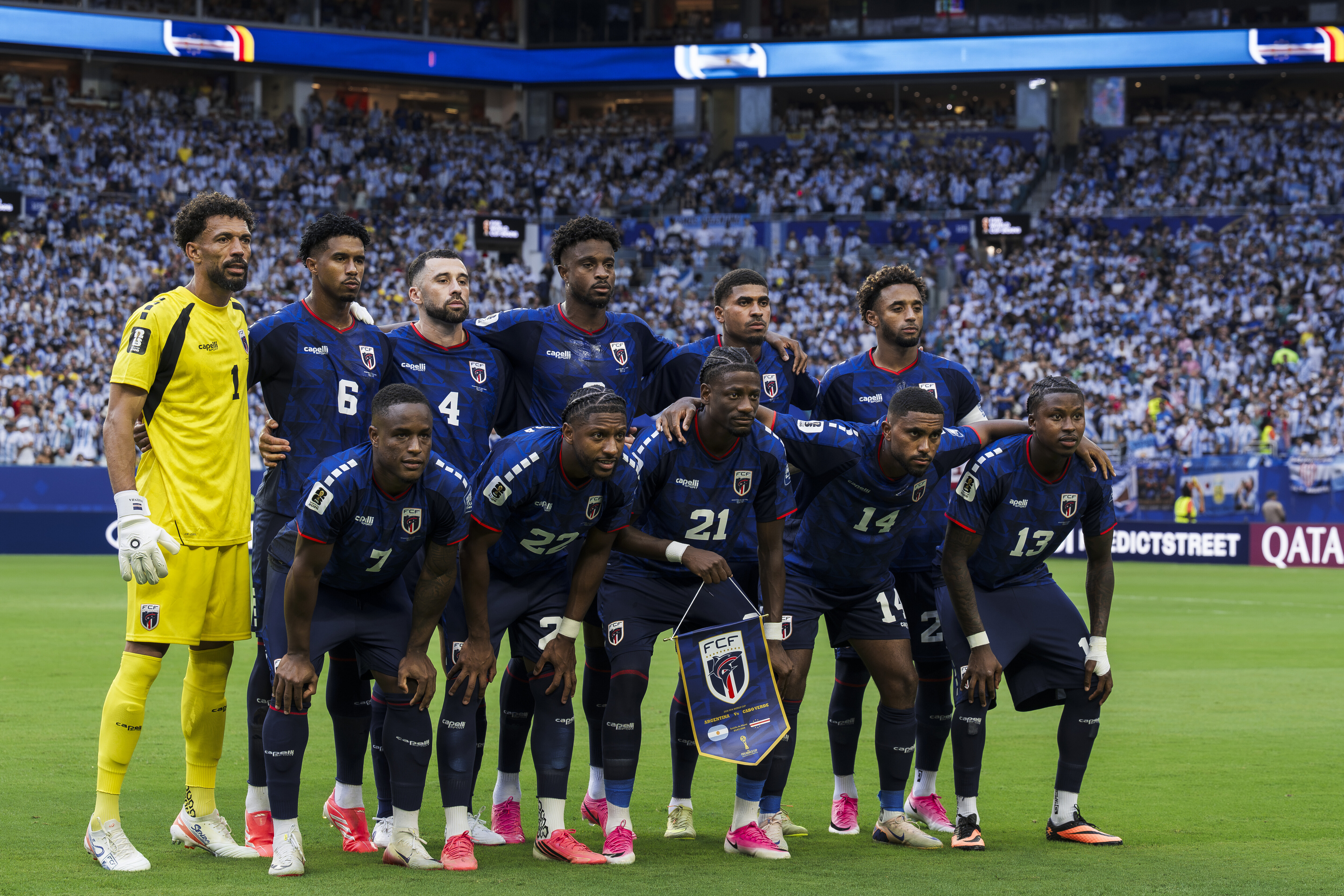 Vozinha and players of Cape Verde pose for a team photo prior to the FIFA World Cup 2026 Round of 32 match between Argentina and Cape Verde on July 3 in Miami Gardens, Florida. | Source: Getty Images