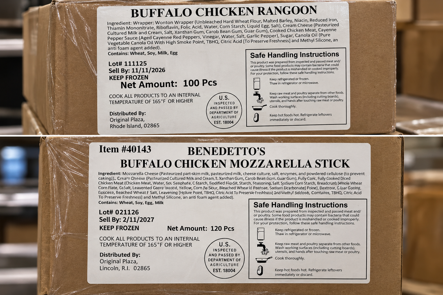 Labels for the Buffalo Chicken Rangoon and Benedetto’s Buffalo Chicken Mozzarella Stick products included in the August 2026 Shanghai Ravioli Corporation recall. | Source: ChatGPT and fsis.usda.gov