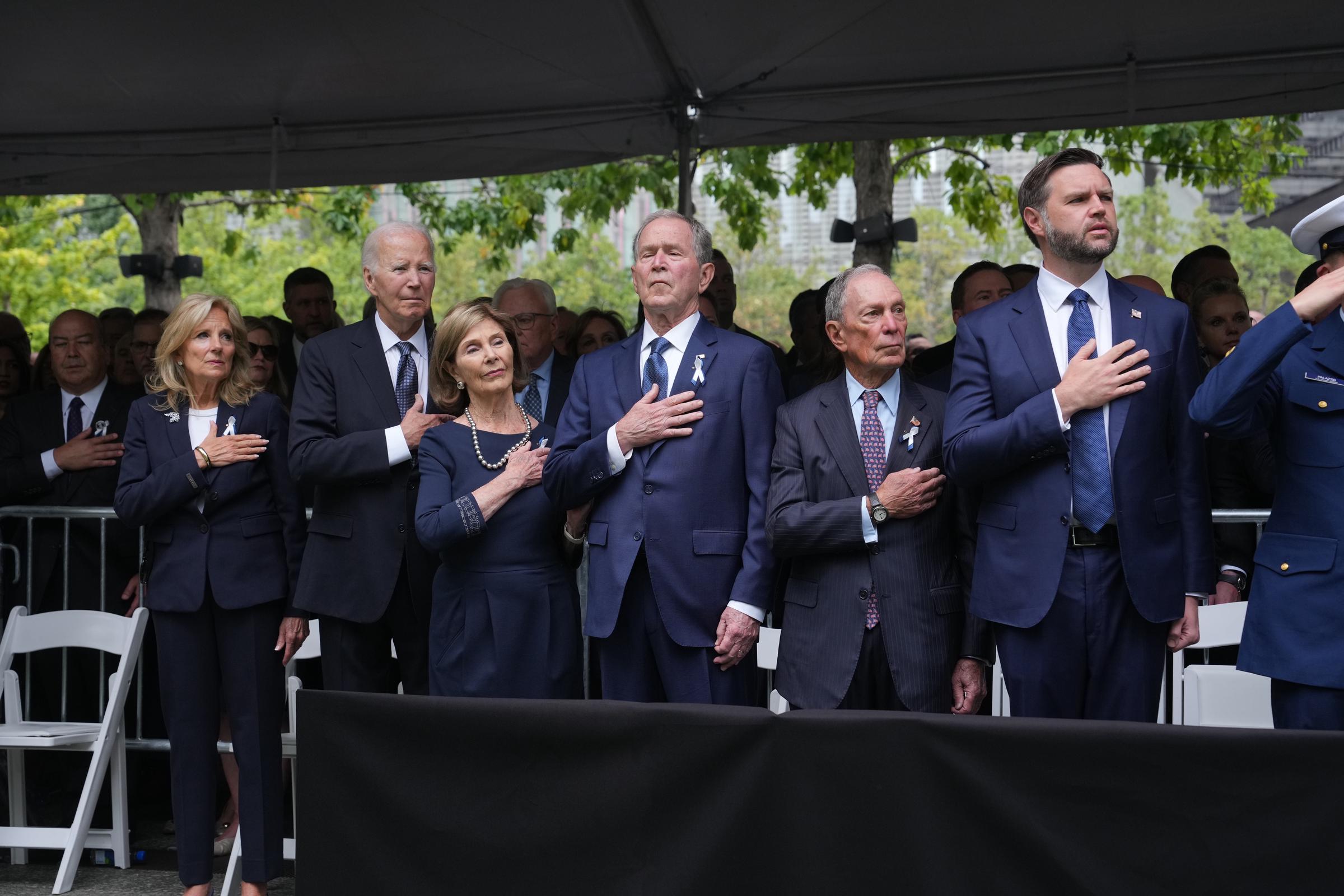 Dr. Jill Biden, Former President Joe Biden, Laura Bush, Former President George W. Bush, Michael Bloomberg and Vice President JD Vance attend the ceremony to commemorate the 25th anniversary of the September 11th terrorist attacks on the World Trade Center at the National 9/11 Memorial & Museum on September 11, 2026, in New York City. | Source: Getty Images