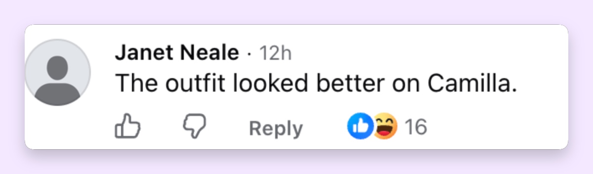 This viewer made a clear choice in the debate, favoring Camilla’s 2012 version of the purple royal look. | Source: Facebook