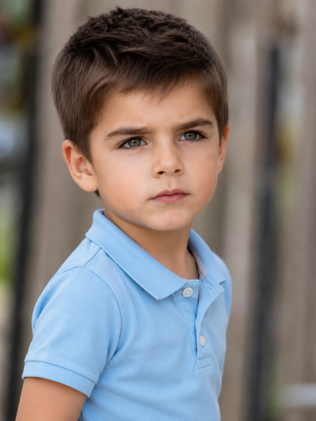 Digitally created portrait showing the fictional child at a slightly older age, with the same hazel-green eyes and dark hair seen throughout the AI series. | Source: ChatGPT