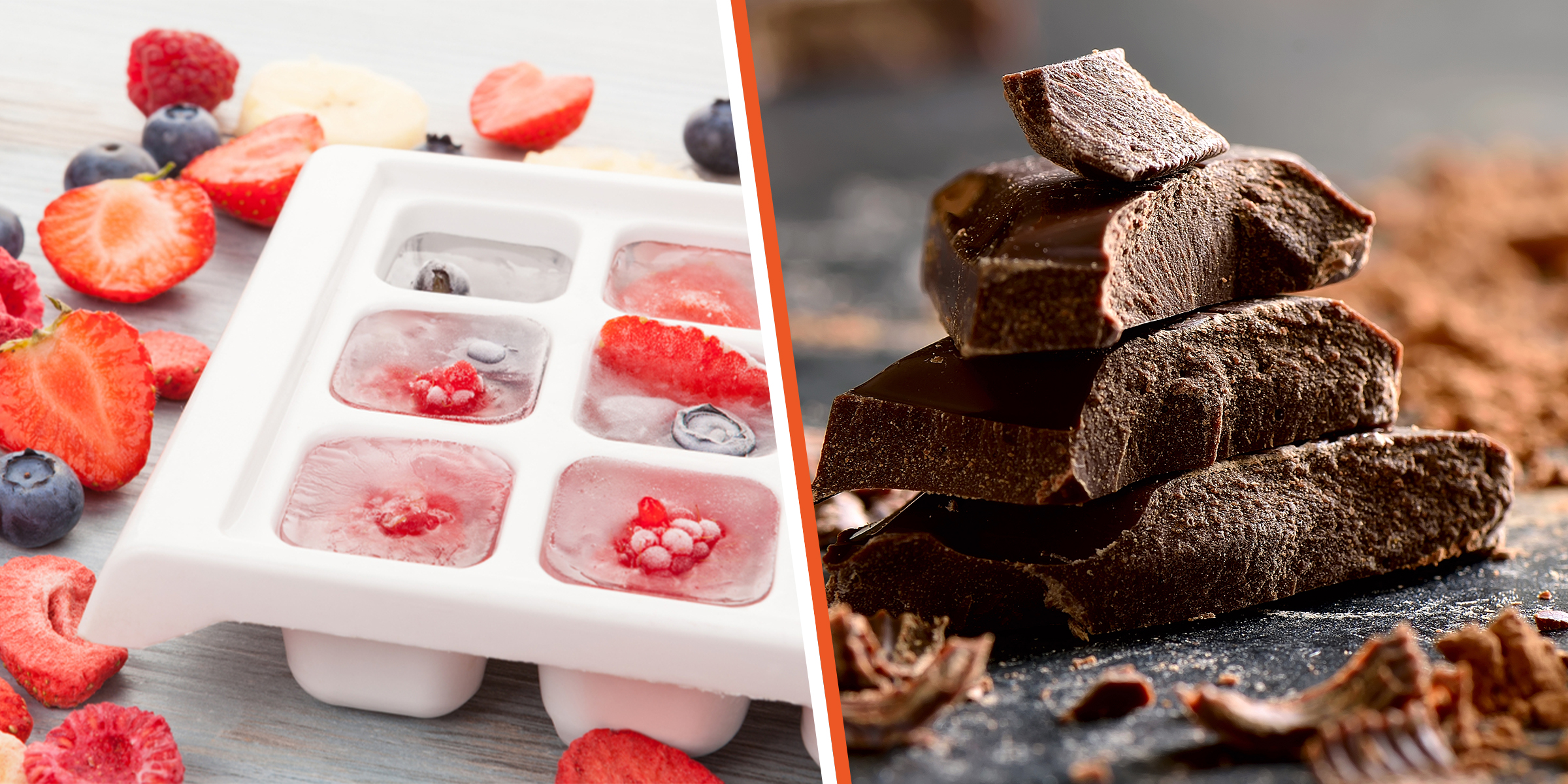 Berries frozen in ice | Dark Chocolates stacked on top of each other | Source: Shutterstock