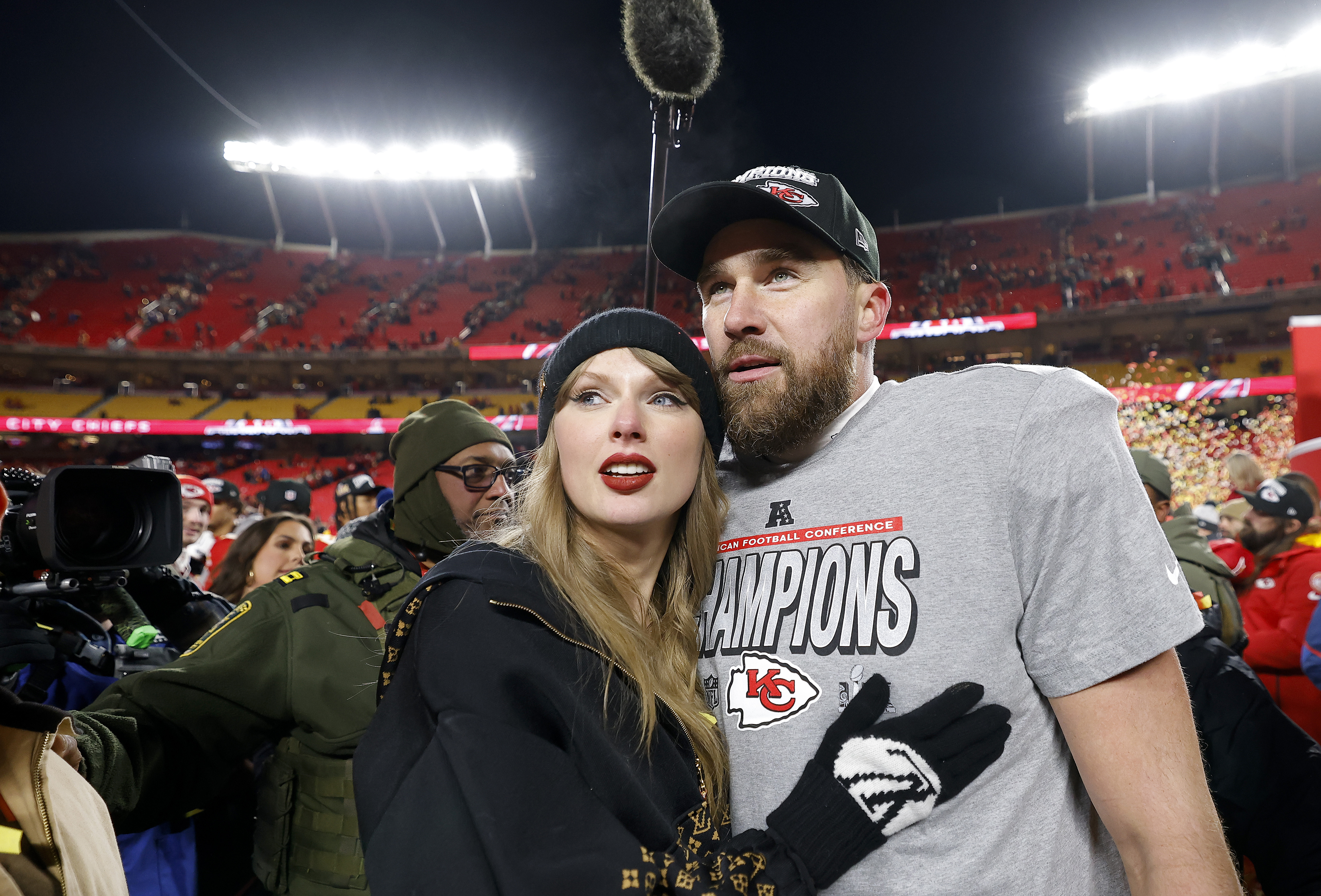 Taylor Swift and Travis Kelce during the AFC Championship Game at GEHA Field at Arrowhead Stadium on January 26, 2025, in Kansas City, Missouri | Source: Getty Images