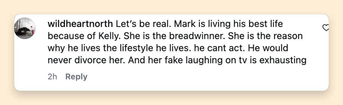 One viewer reacted to the couple's divorce banter by insisting that Mark "would never divorce her" and crediting Kelly with supporting the lifestyle they share. The comment was among the more pointed responses sparked by the exchange online. | Source: Instagram/pagesix