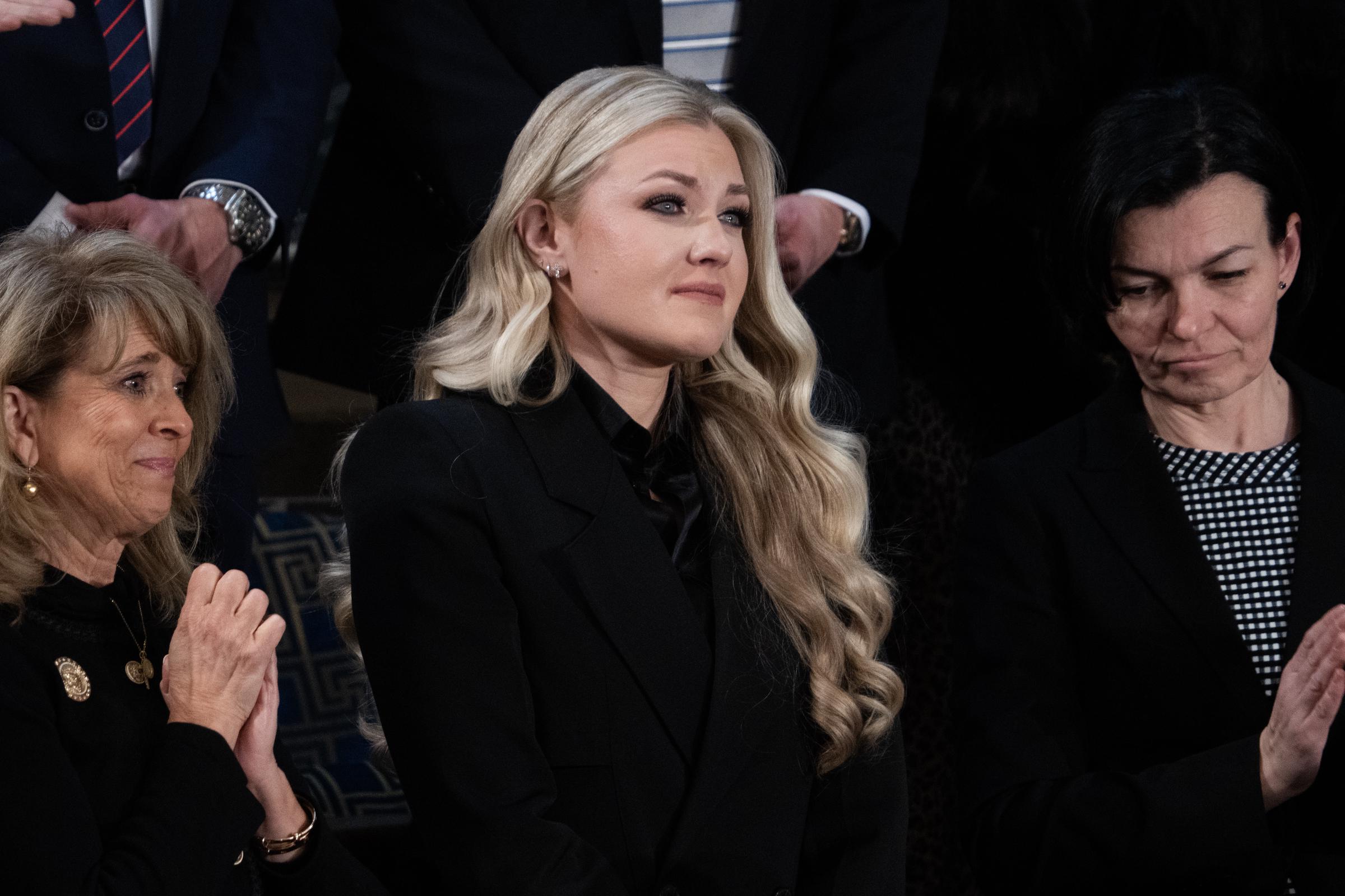 Erika Kirk stands as attendees applaud during the State of the Union address in the House Chamber of the U.S. Capitol | Source: Getty Images