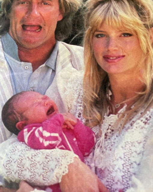 Kelly Emberg shares a throwback photo on February 24, 2023, featuring herself, Rod Stewart, and their crying newborn daughter, Ruby Stewart, while reflecting on her daughter's first pregnancy. | Source: Instagram/kellyemberg