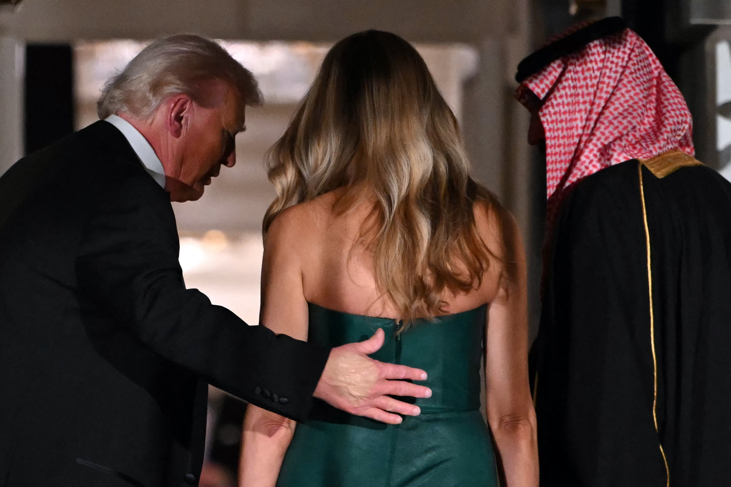 US First Lady Melania Trump, accompanied by President Donald Trump, and the Crown Prince and Prime Minister of the Kingdom of Saudi Arabia Mohammed bin Salman on November 18, 2025, in Washington, DC | Source: Getty Images