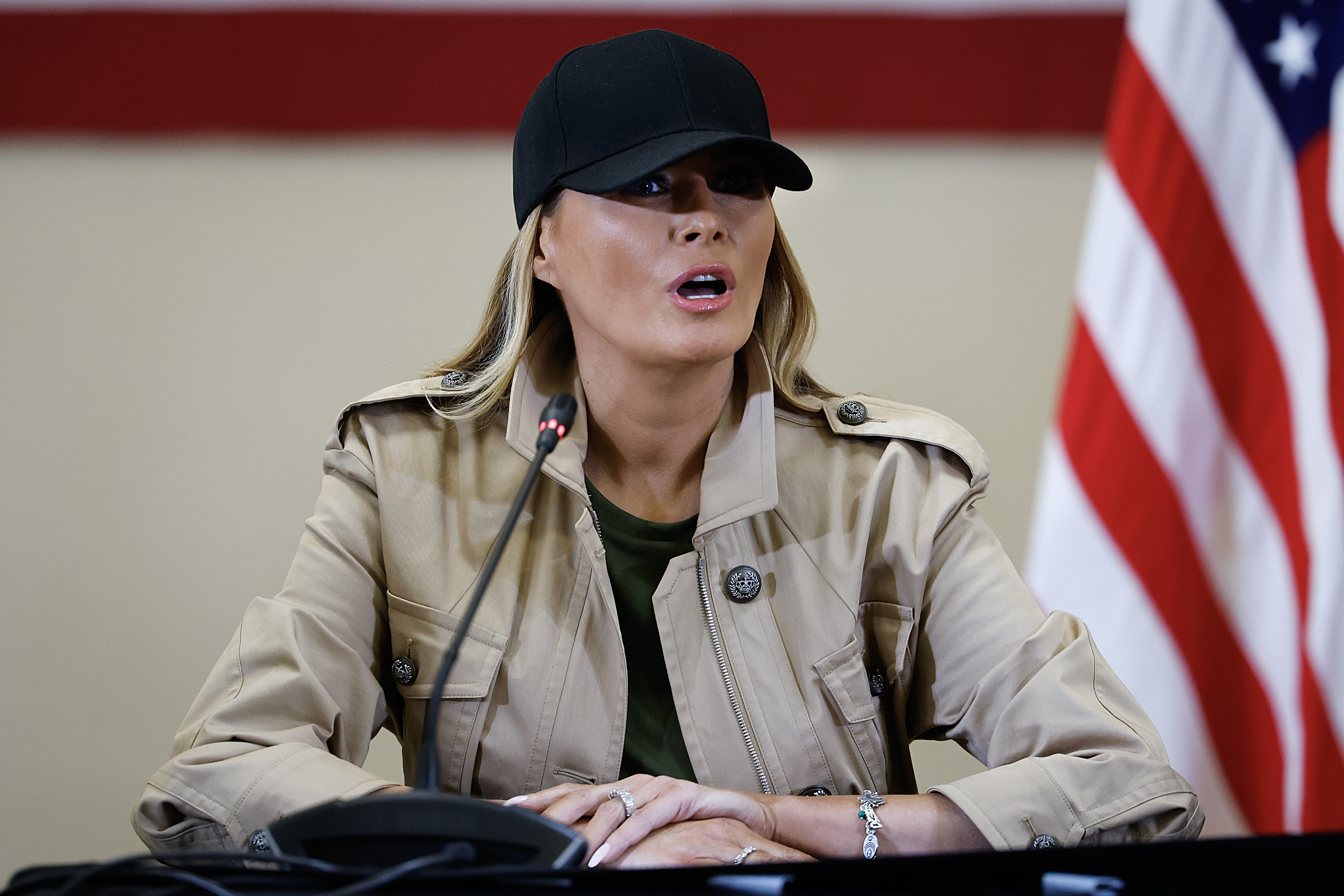 First lady Melania Trump participates in a round table event with at the Hill Country Youth Event Center to discuss last week's flash flooding on July 11, 2025, in Kerrville, Texas. | Source: Getty Images