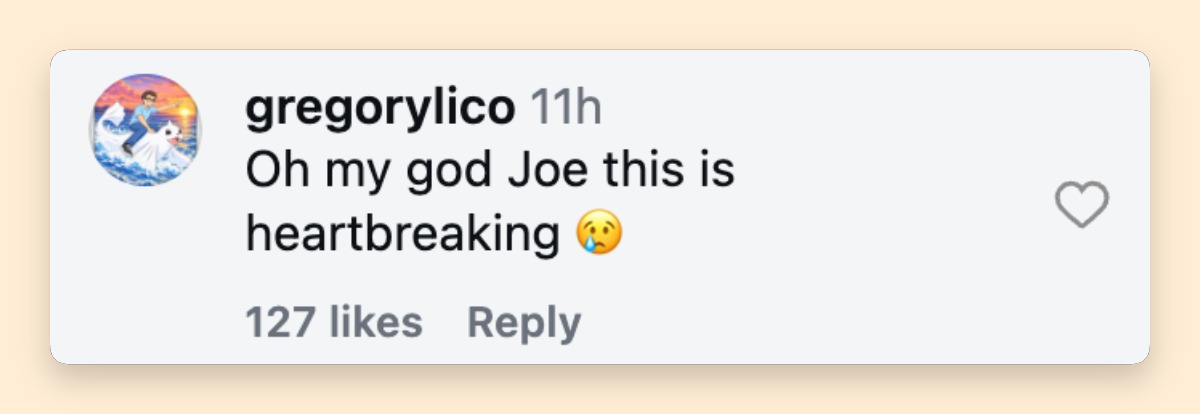 A social media user expresses sadness after seeing Joe Manganiello's photos documenting his health battle. The images prompted emotional reactions and messages of support from fans. | Source: Instagram/joemanganiello