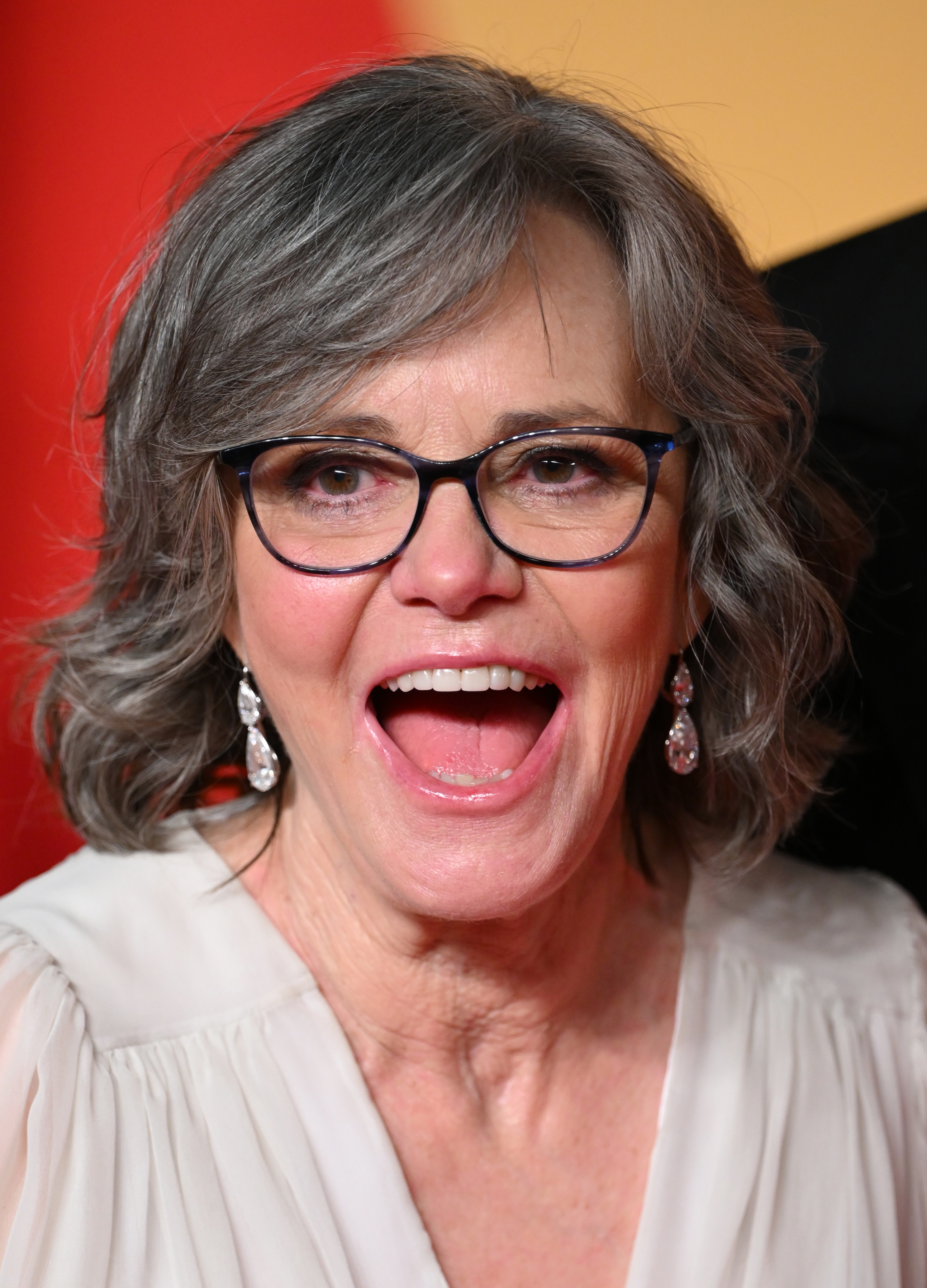 Sally Field, with gray hair and spectacles, presents a look much different from her younger years yet beams with a broad smile. She attends the Vanity Fair Oscar Party hosted by Radhika Jones at the Wallis Annenberg Center for the Performing Arts in Beverly Hills, California.