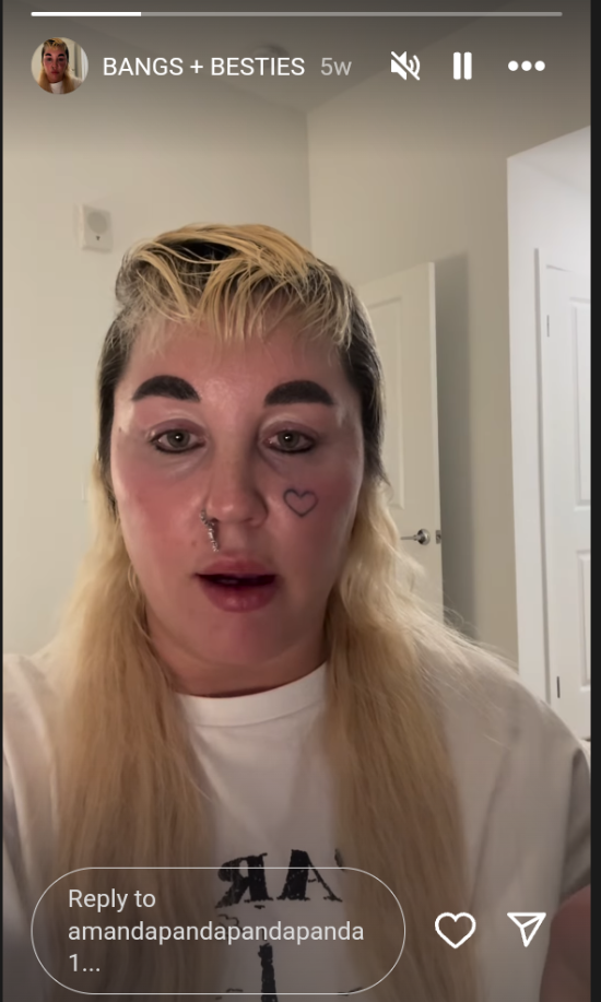 Amanda Bynes talking about growing her bangs out on Instagram Stories, posted in May, 2025.