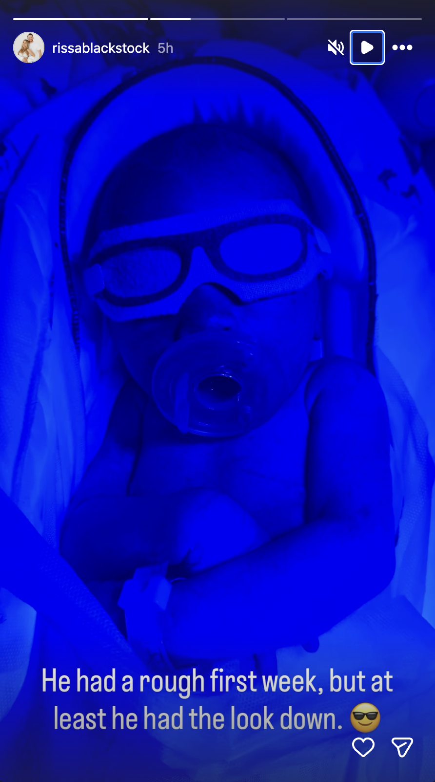 Baby Archie is pictured during what his mother described as a "rough first week," with Marissa adding that he "had the look down." | Source: Instagram/rissablackstock