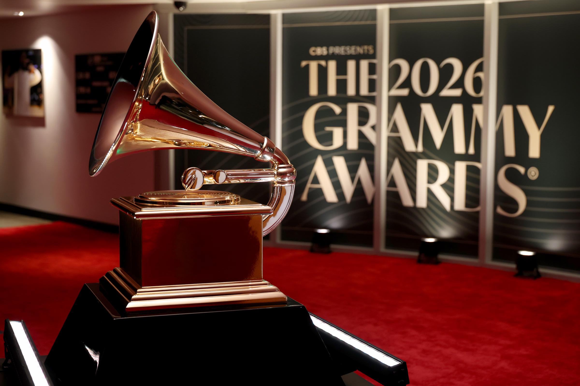 A Grammy Awards statuette is displayed inside Crypto.com Arena in Los Angeles on February 1, 2026 | Source: Getty Images